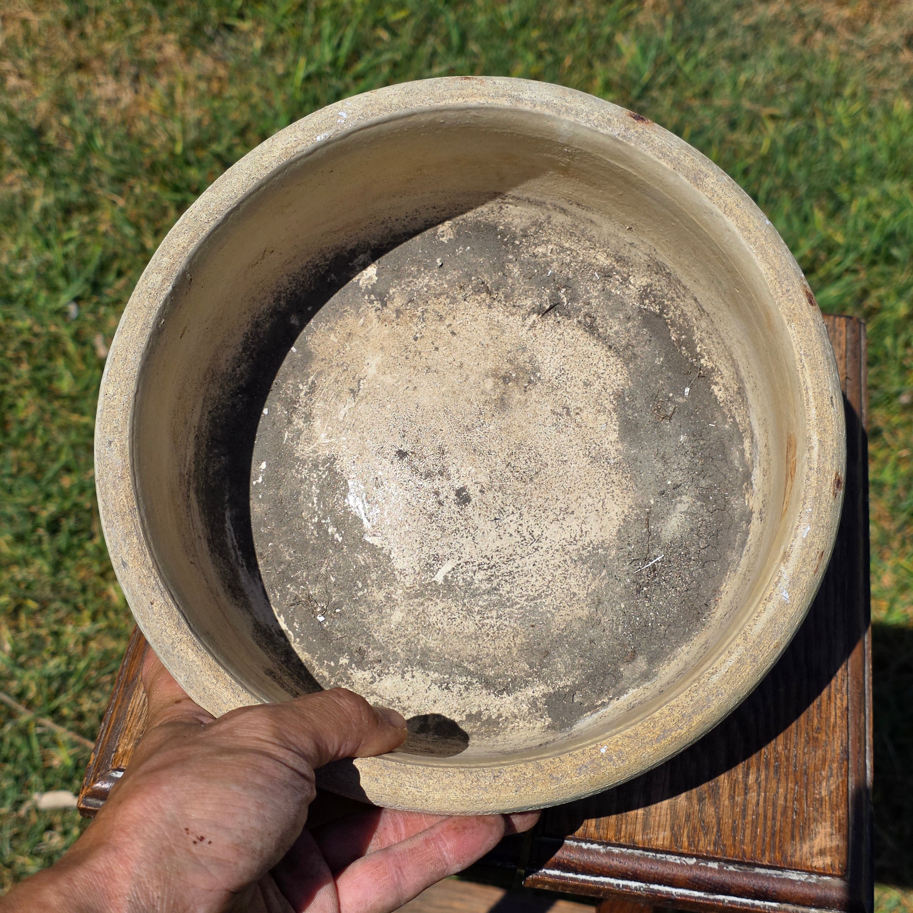 Antique Stoneware Planter Pot Shallow Bowl Beige Clay Farmhouse Garden 9.25”