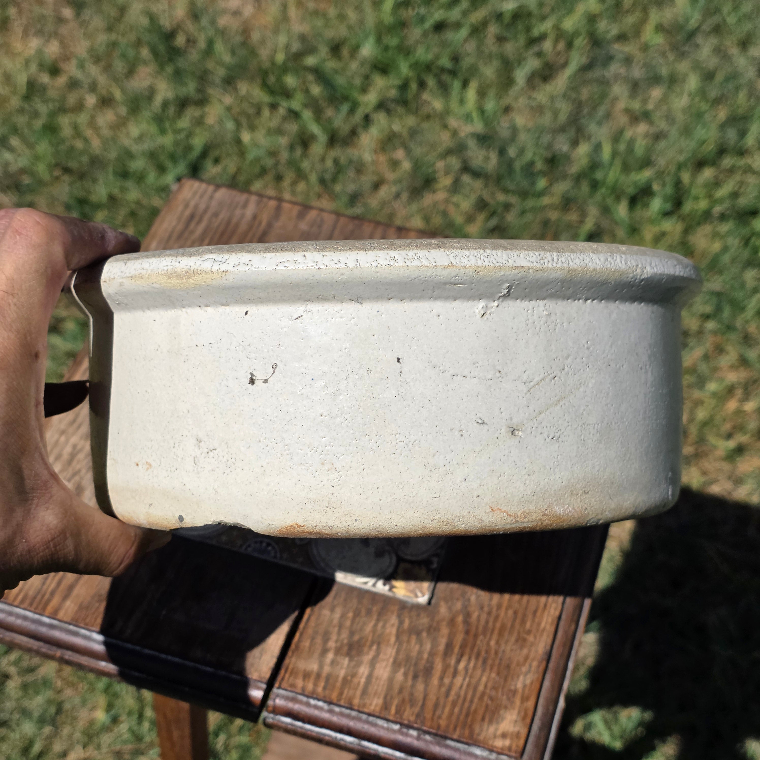 Antique Stoneware Planter Pot Shallow Bowl Beige Clay Farmhouse Garden 9.25”