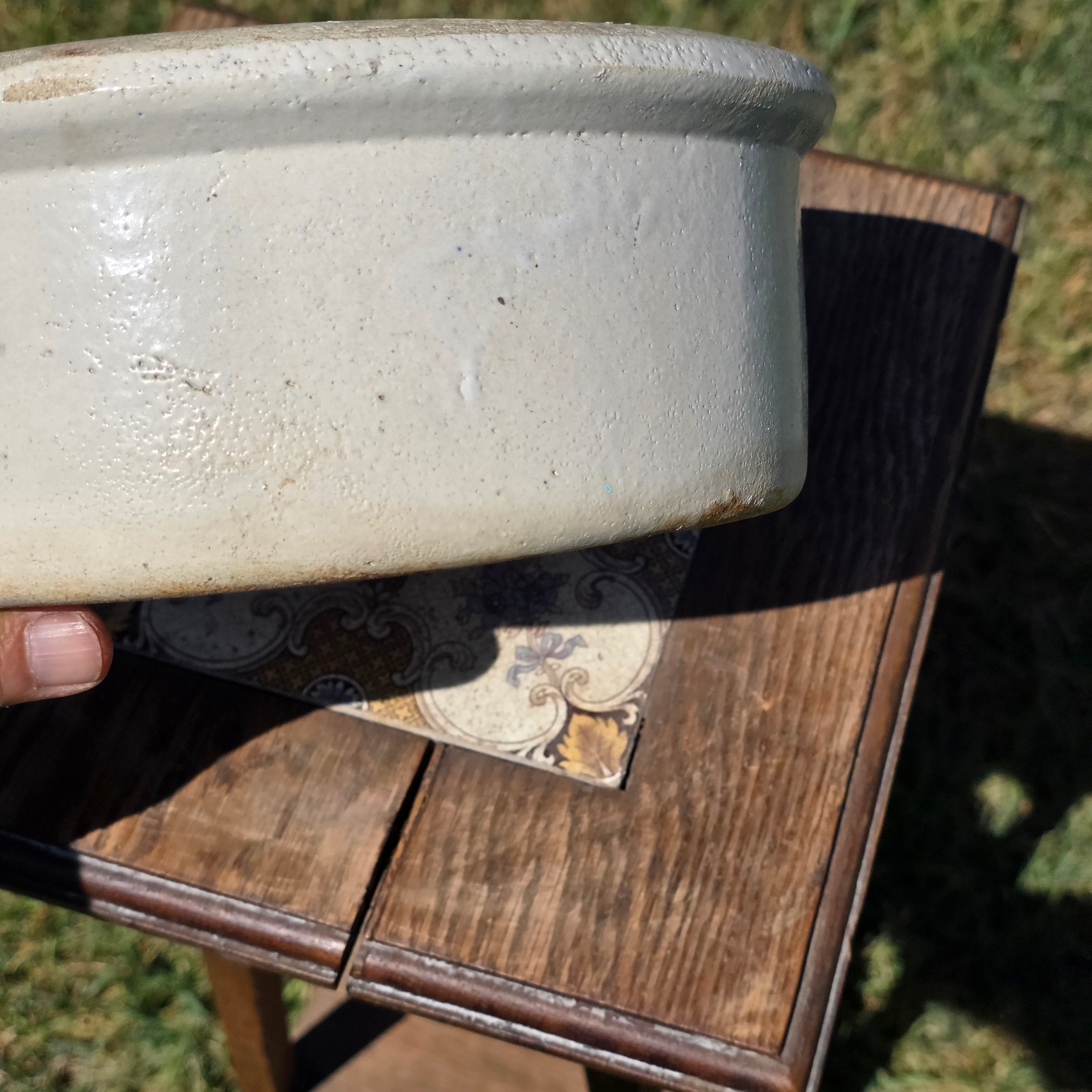 Antique Stoneware Planter Pot Shallow Bowl Beige Clay Farmhouse Garden 9.25”