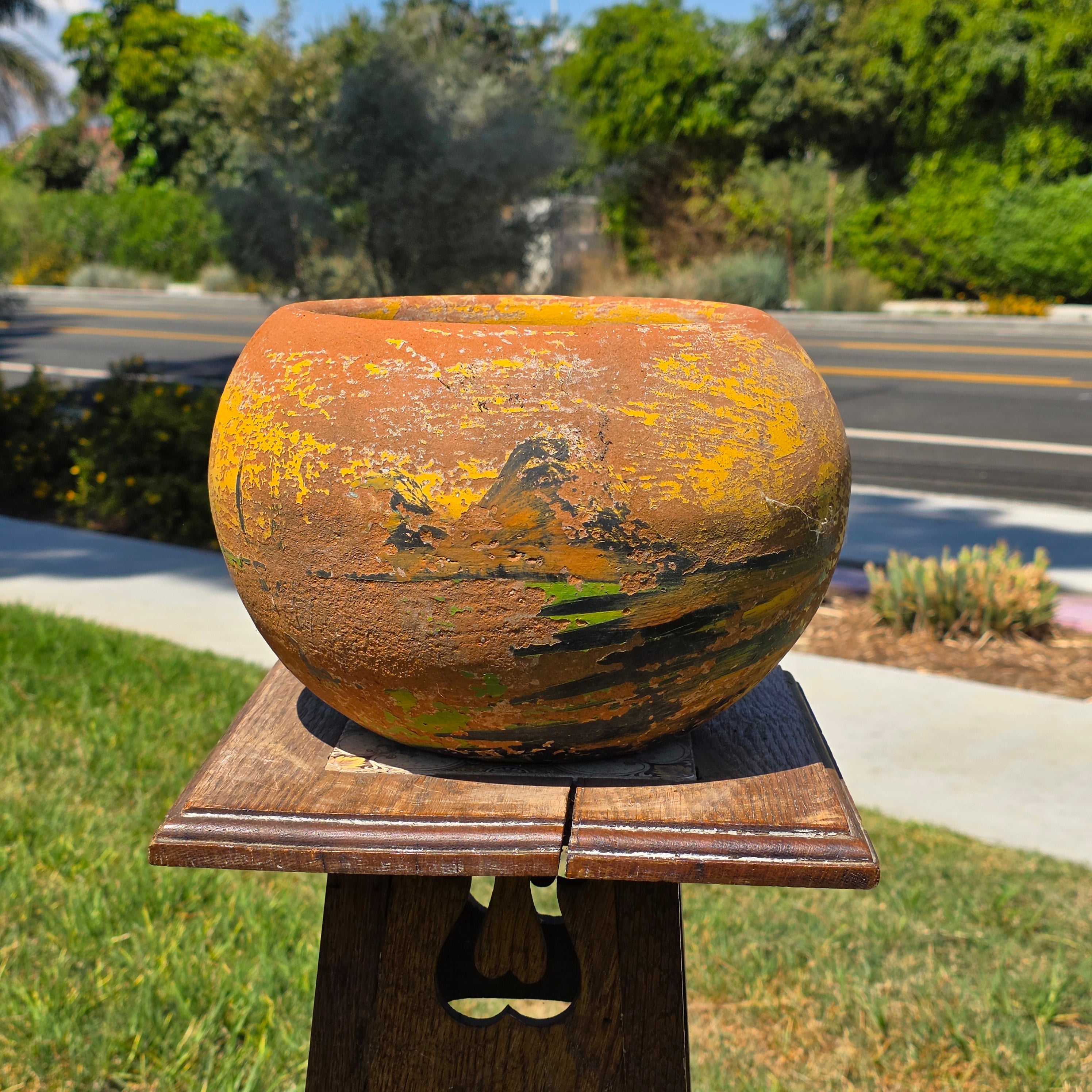 Vintage Mexican Terracotta Planter Pot Hand Painted Landscape Rustic Garden 11"