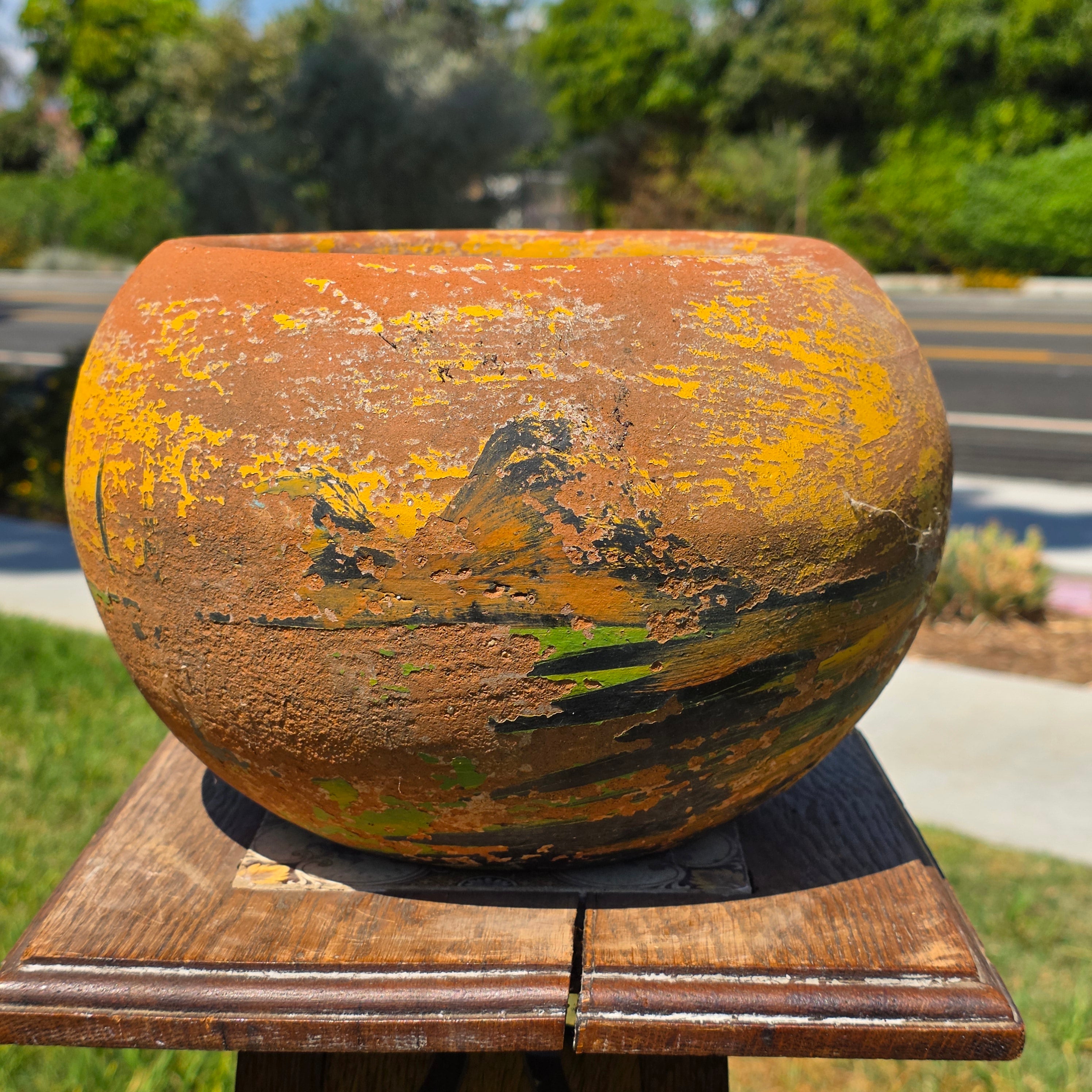Vintage Mexican Terracotta Planter Pot Hand Painted Landscape Rustic Garden 11"