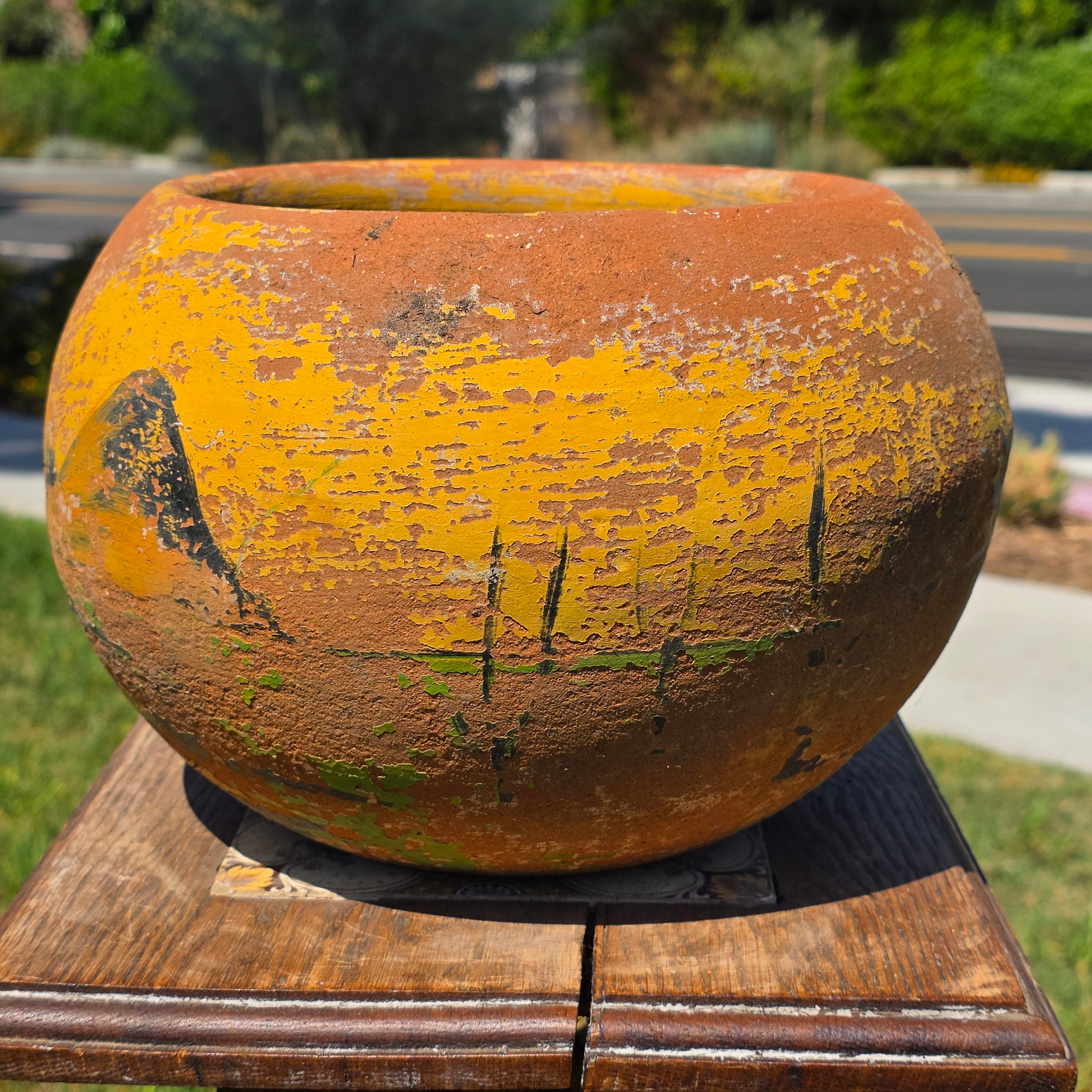 Vintage Mexican Terracotta Planter Pot Hand Painted Landscape Rustic Garden 11"