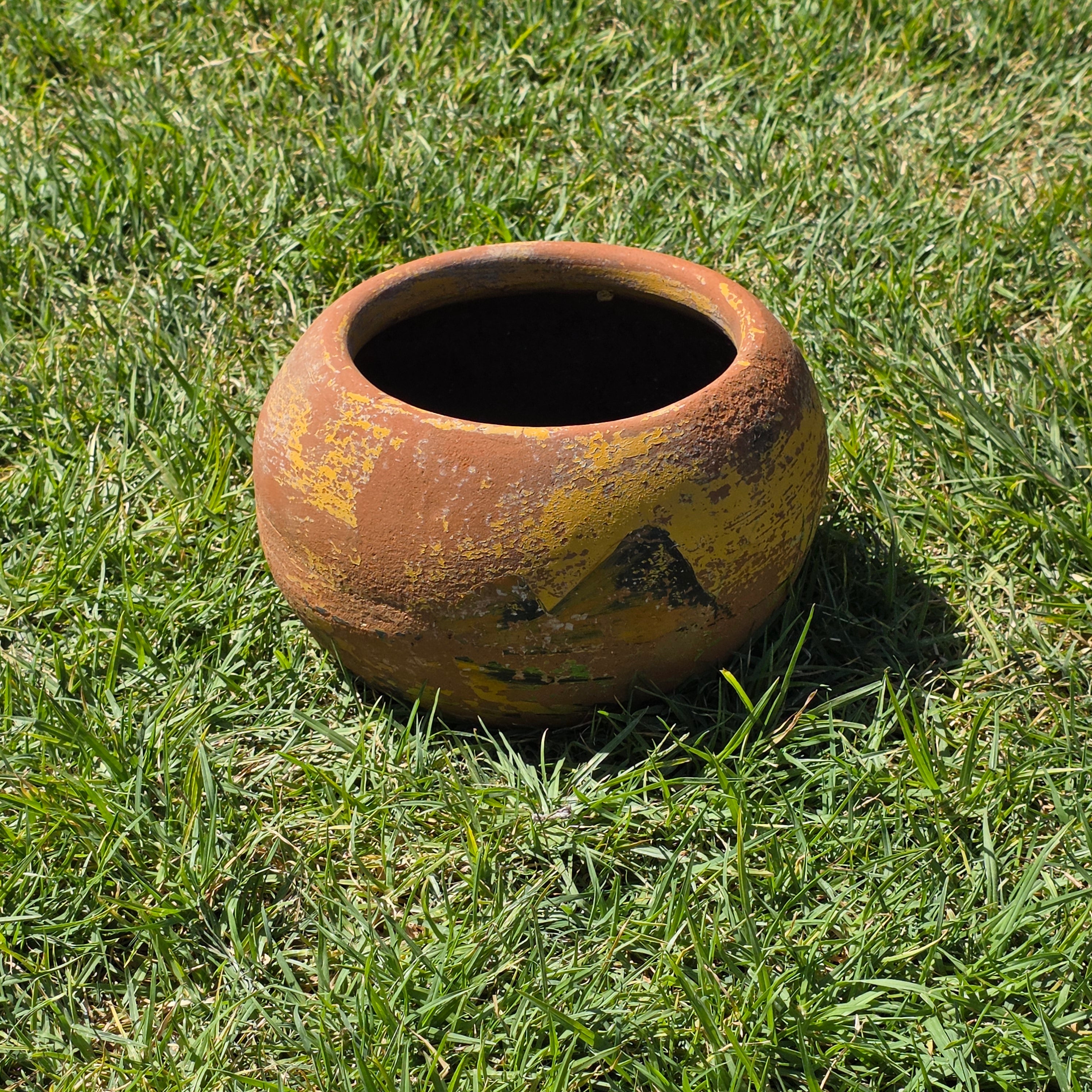 Vintage Mexican Terracotta Planter Pot Hand Painted Landscape Rustic Garden 11"
