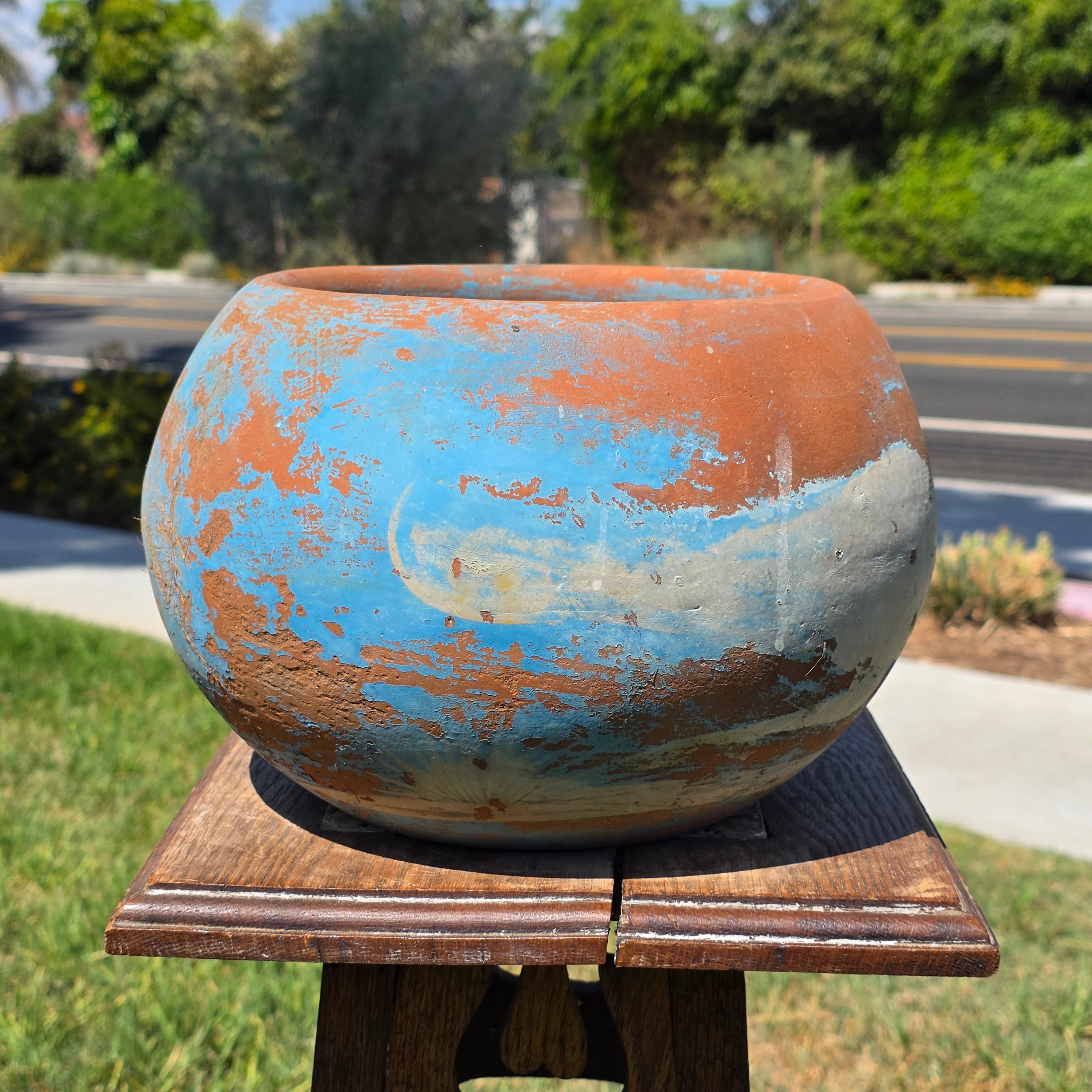 Vintage Mexican Terracotta Planter Pot Hand Painted Blue Sky Garden Clay 11"