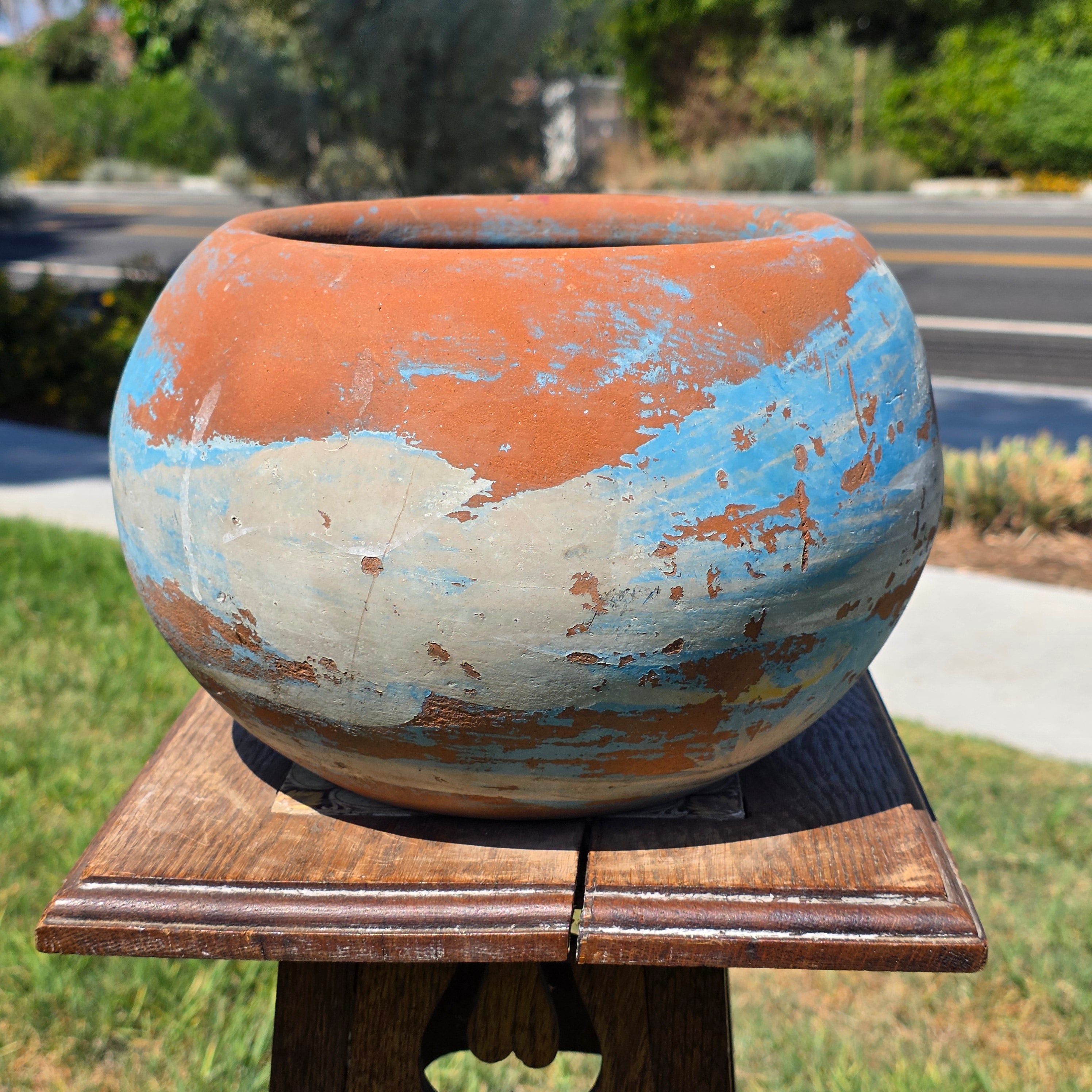 Vintage Mexican Terracotta Planter Pot Hand Painted Blue Sky Garden Clay 11"