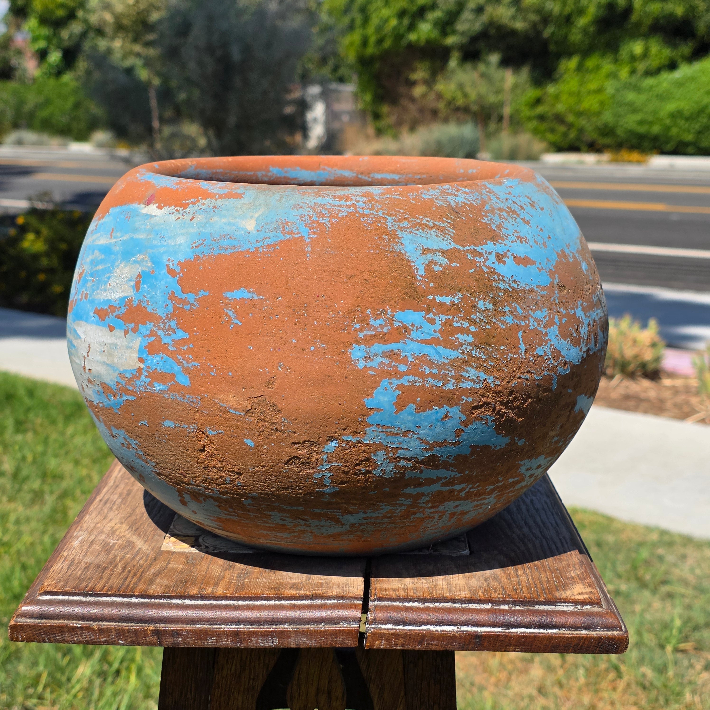 Vintage Mexican Terracotta Planter Pot Hand Painted Blue Sky Garden Clay 11"