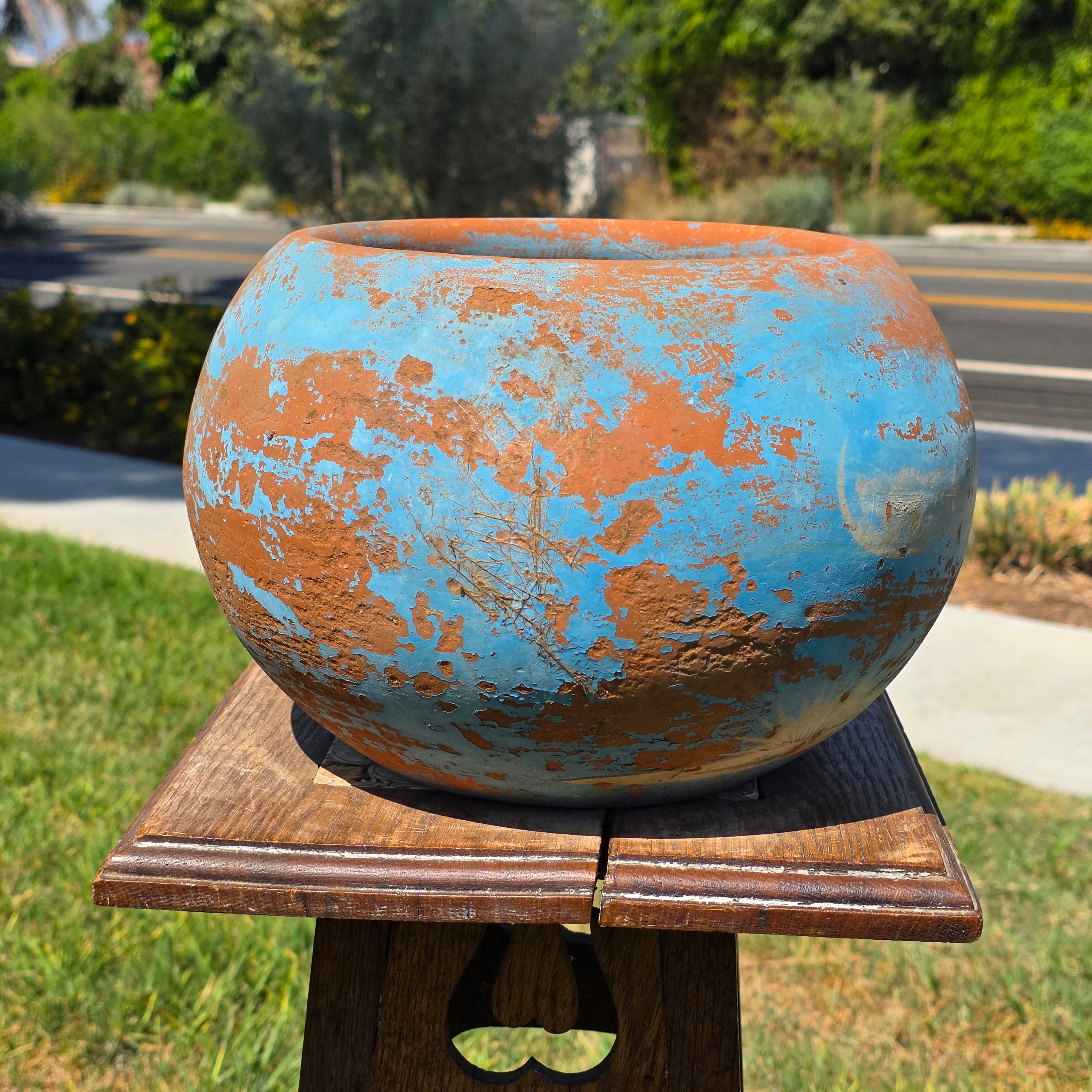 Vintage Mexican Terracotta Planter Pot Hand Painted Blue Sky Garden Clay 11"
