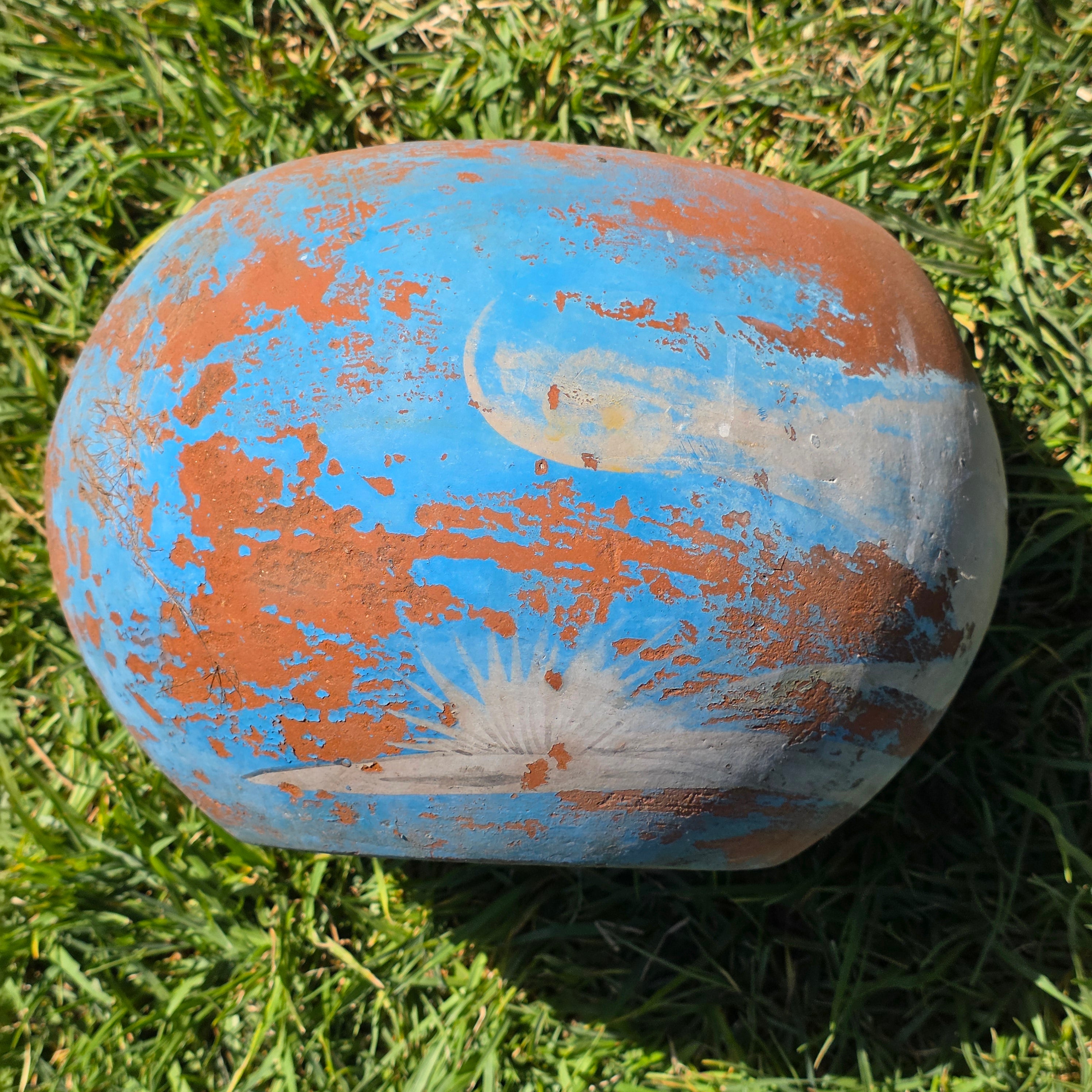 Vintage Mexican Terracotta Planter Pot Hand Painted Blue Sky Garden Clay 11"
