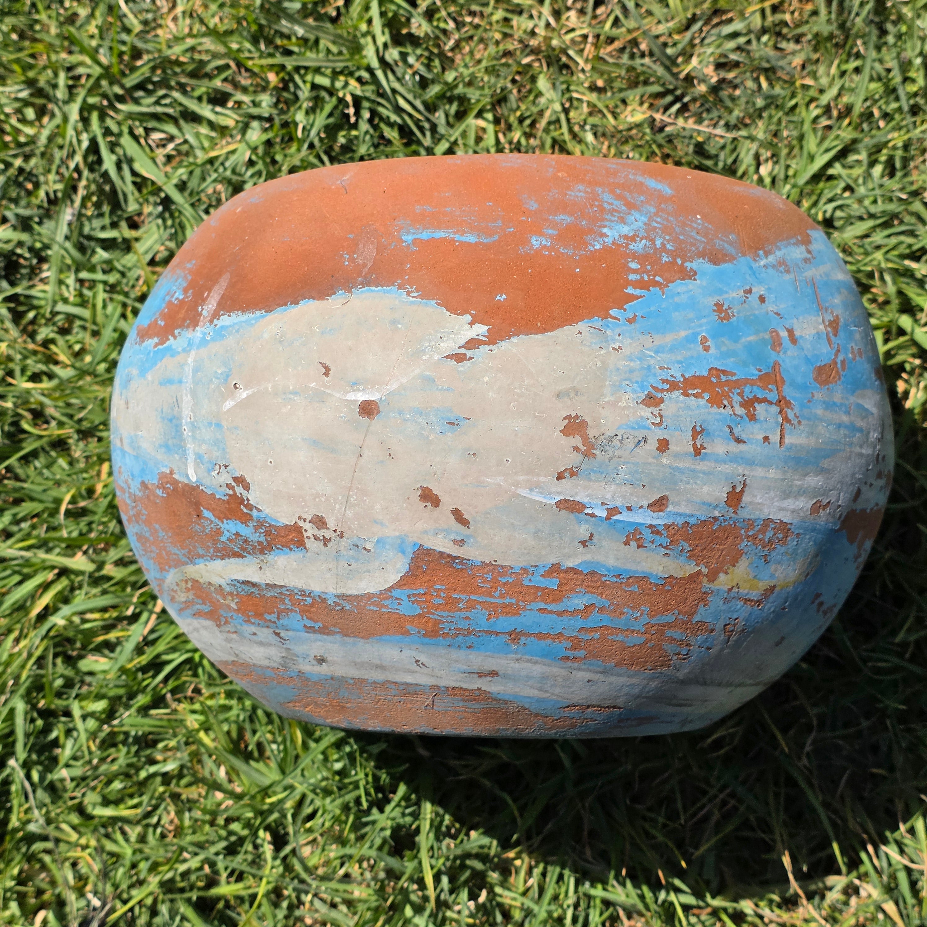Vintage Mexican Terracotta Planter Pot Hand Painted Blue Sky Garden Clay 11"