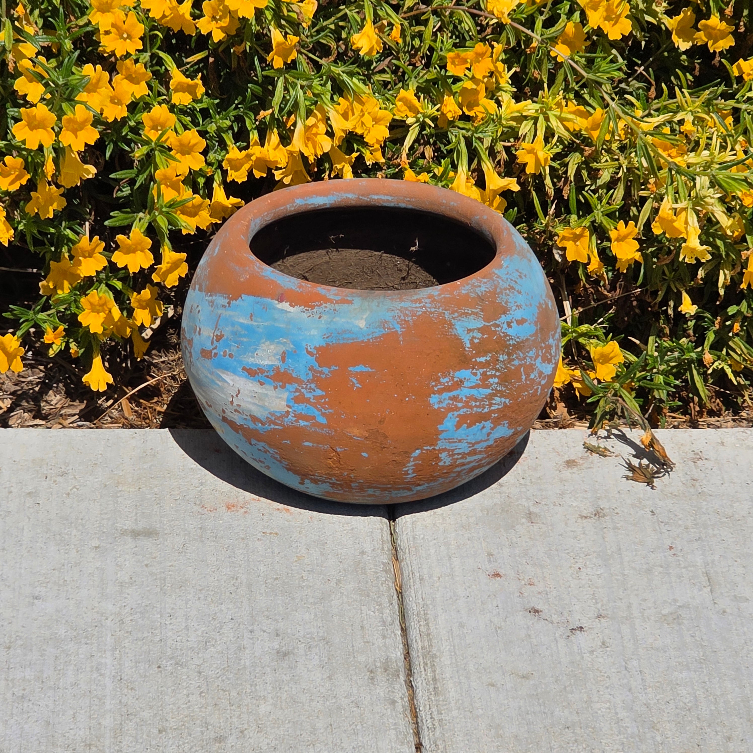 Vintage Mexican Terracotta Planter Pot Hand Painted Blue Sky Garden Clay 11"