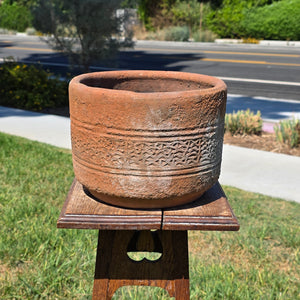 Vintage Terracotta Planter Pot Carved Geometric Heavy Clay Garden Cylinder 10"