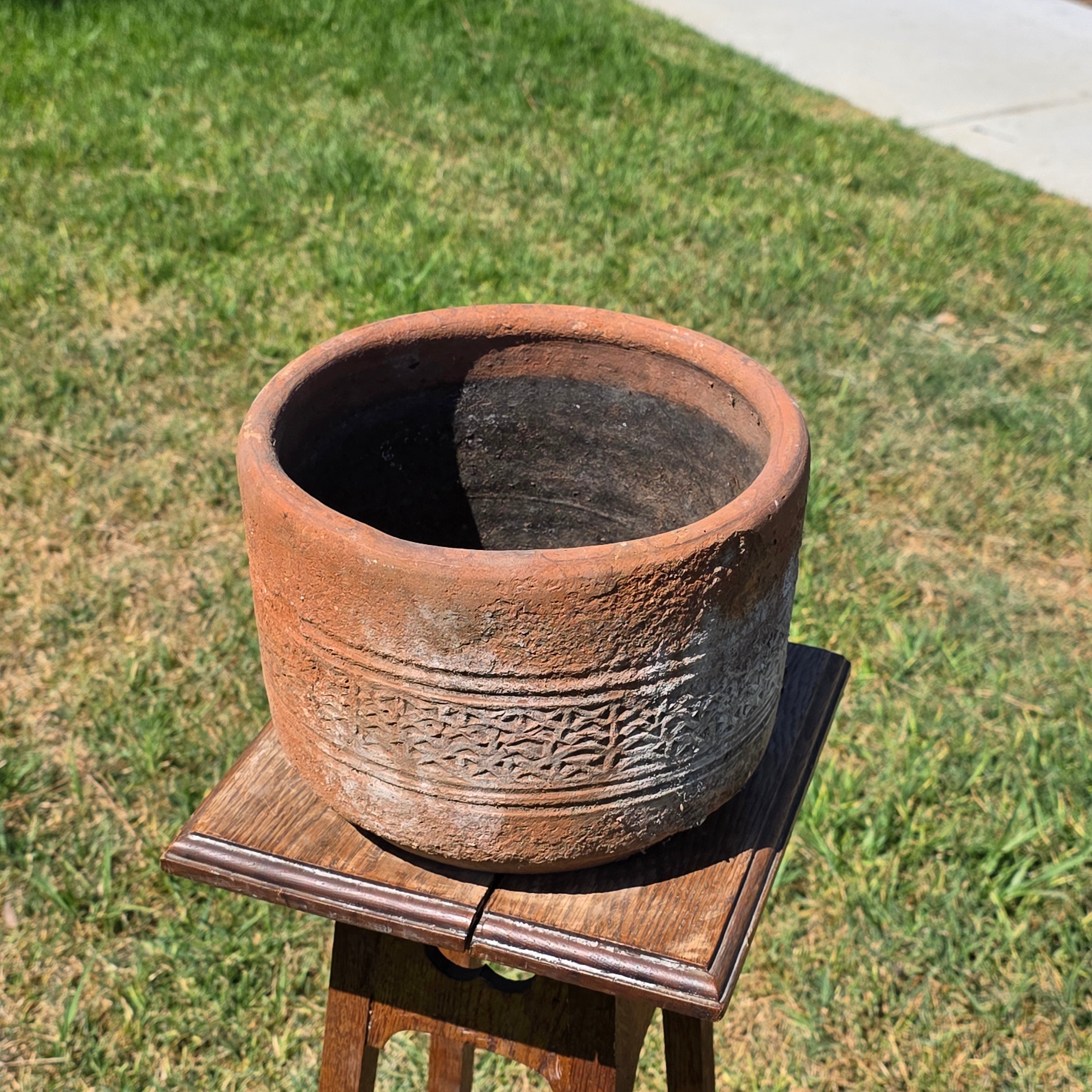 Vintage Terracotta Planter Pot Carved Geometric Heavy Clay Garden Cylinder 10"