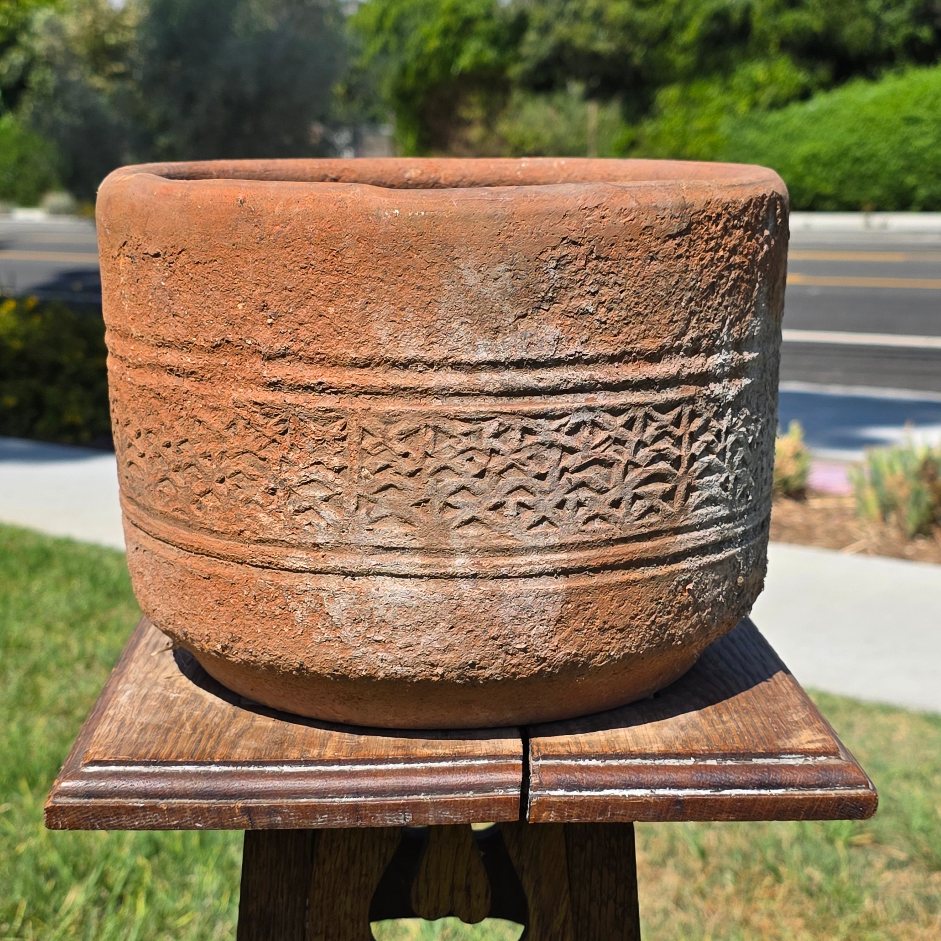 Vintage Terracotta Planter Pot Carved Geometric Heavy Clay Garden Cylinder 10"