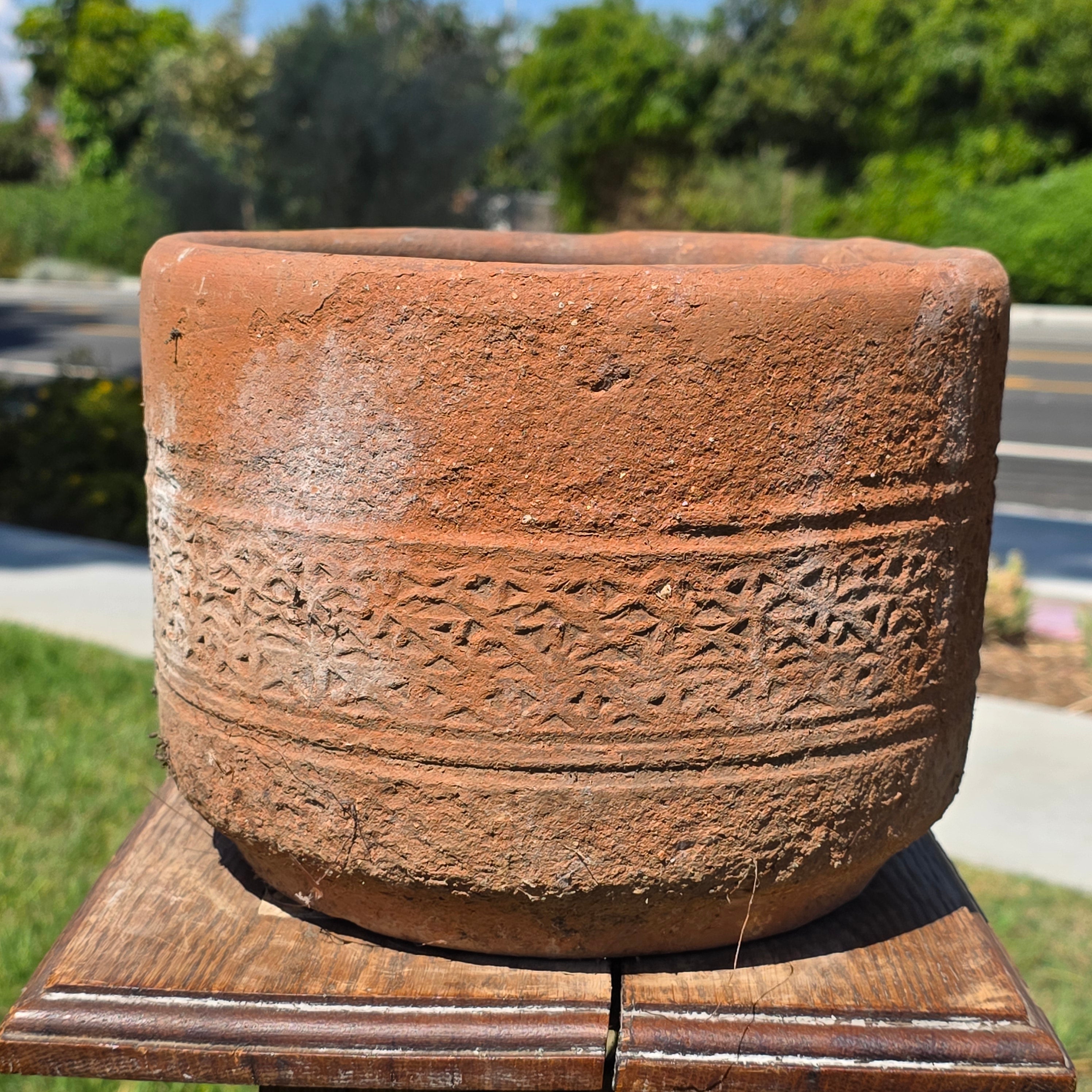 Vintage Terracotta Planter Pot Carved Geometric Heavy Clay Garden Cylinder 10"