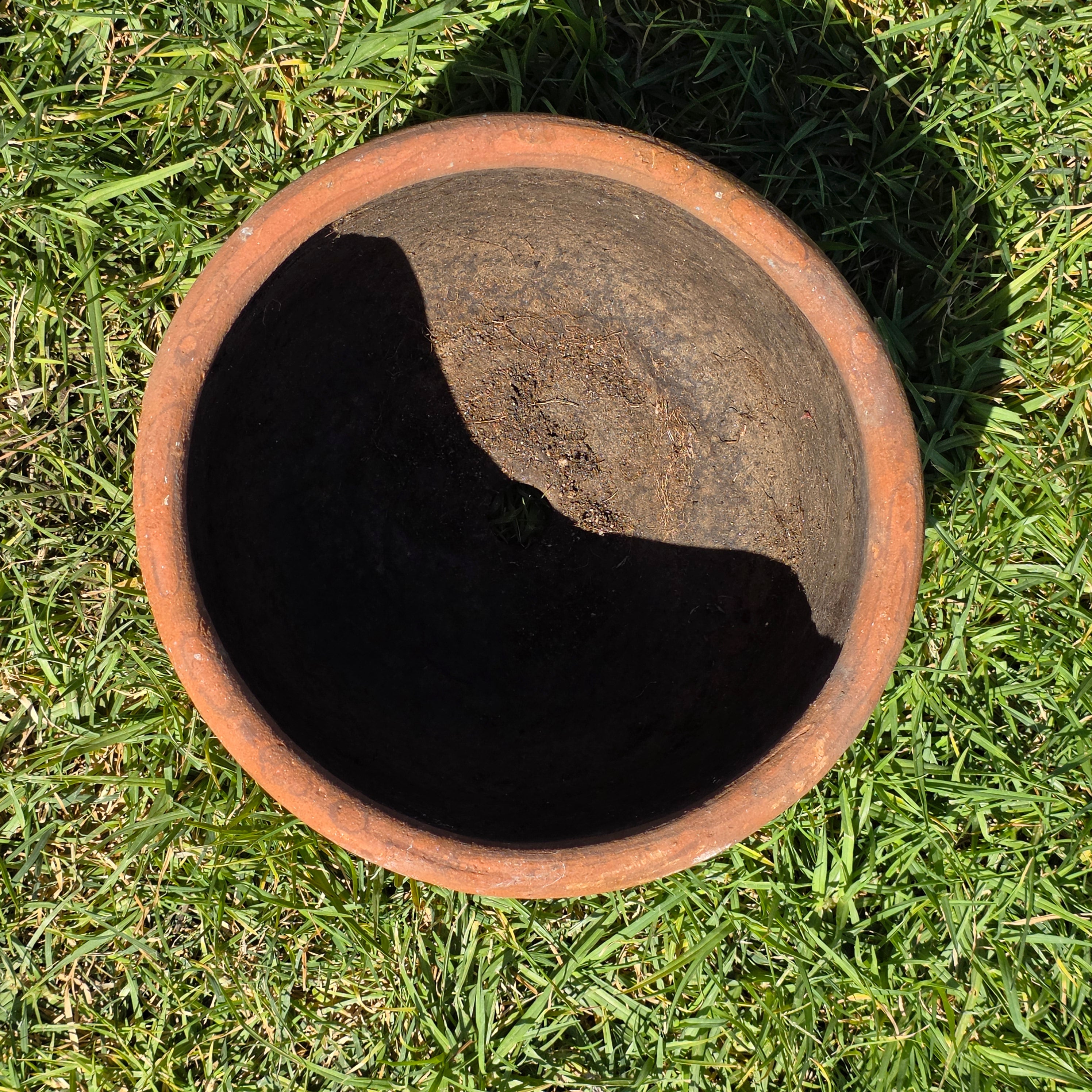 Vintage Terracotta Planter Pot Carved Geometric Heavy Clay Garden Cylinder 10"