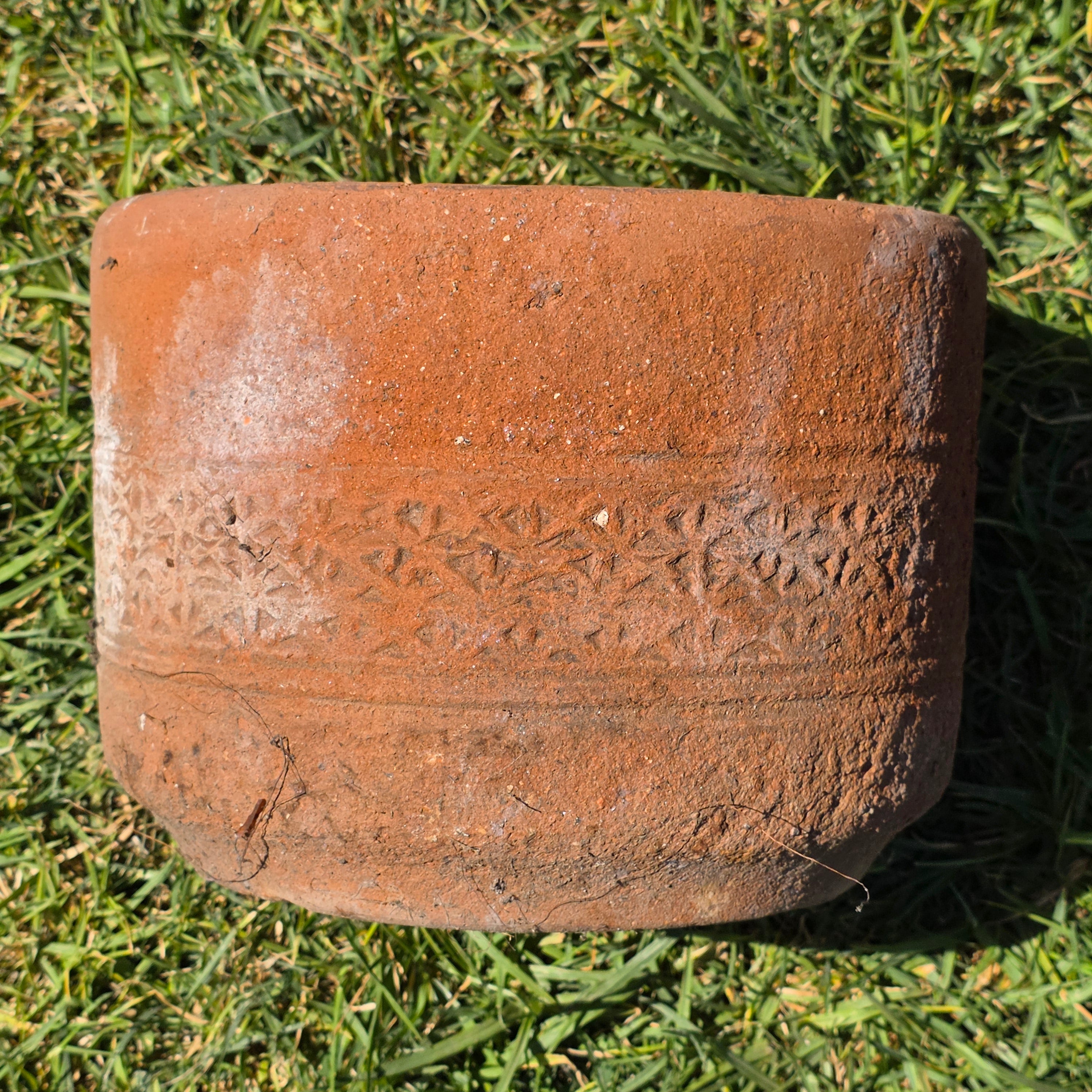 Vintage Terracotta Planter Pot Carved Geometric Heavy Clay Garden Cylinder 10"