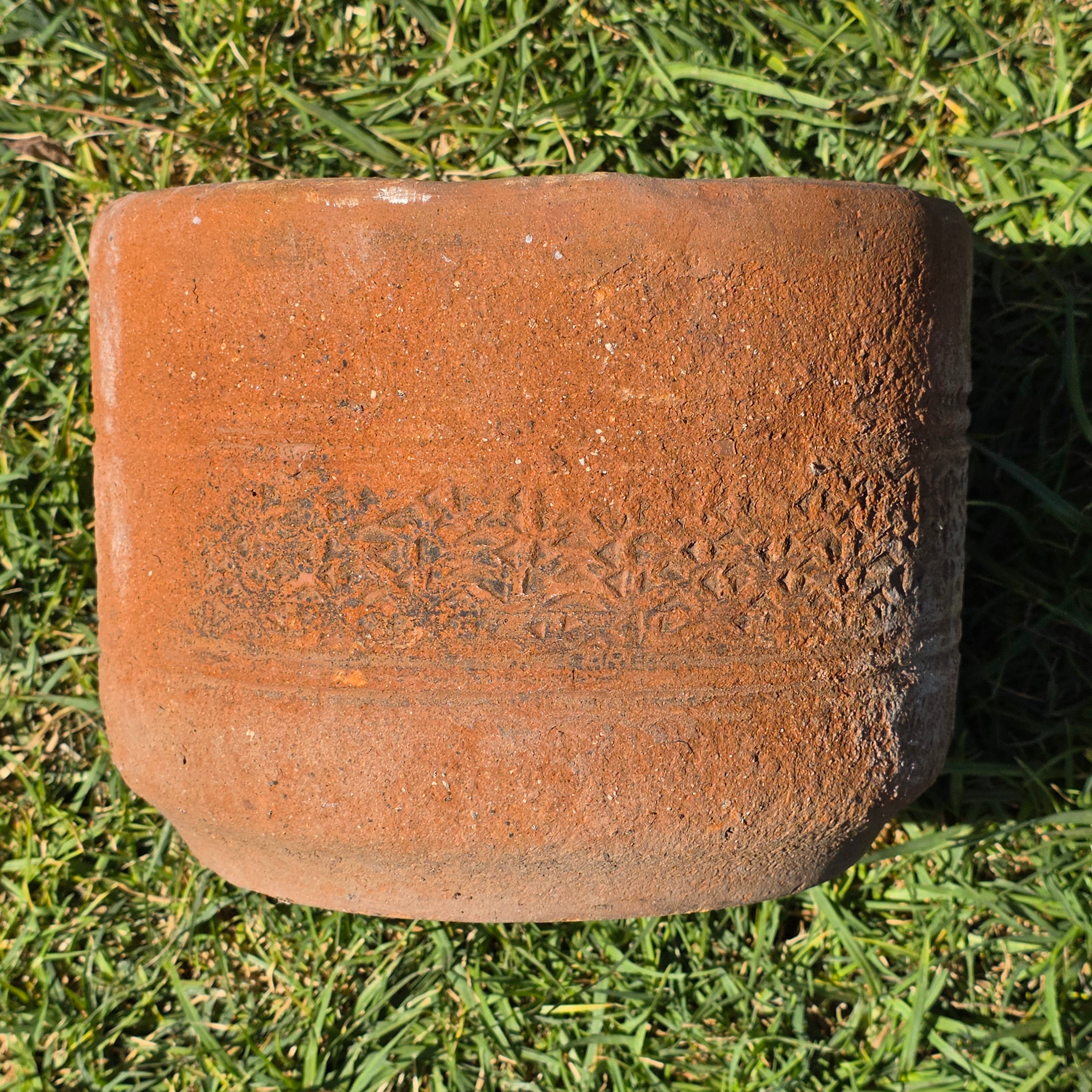 Vintage Terracotta Planter Pot Carved Geometric Heavy Clay Garden Cylinder 10"