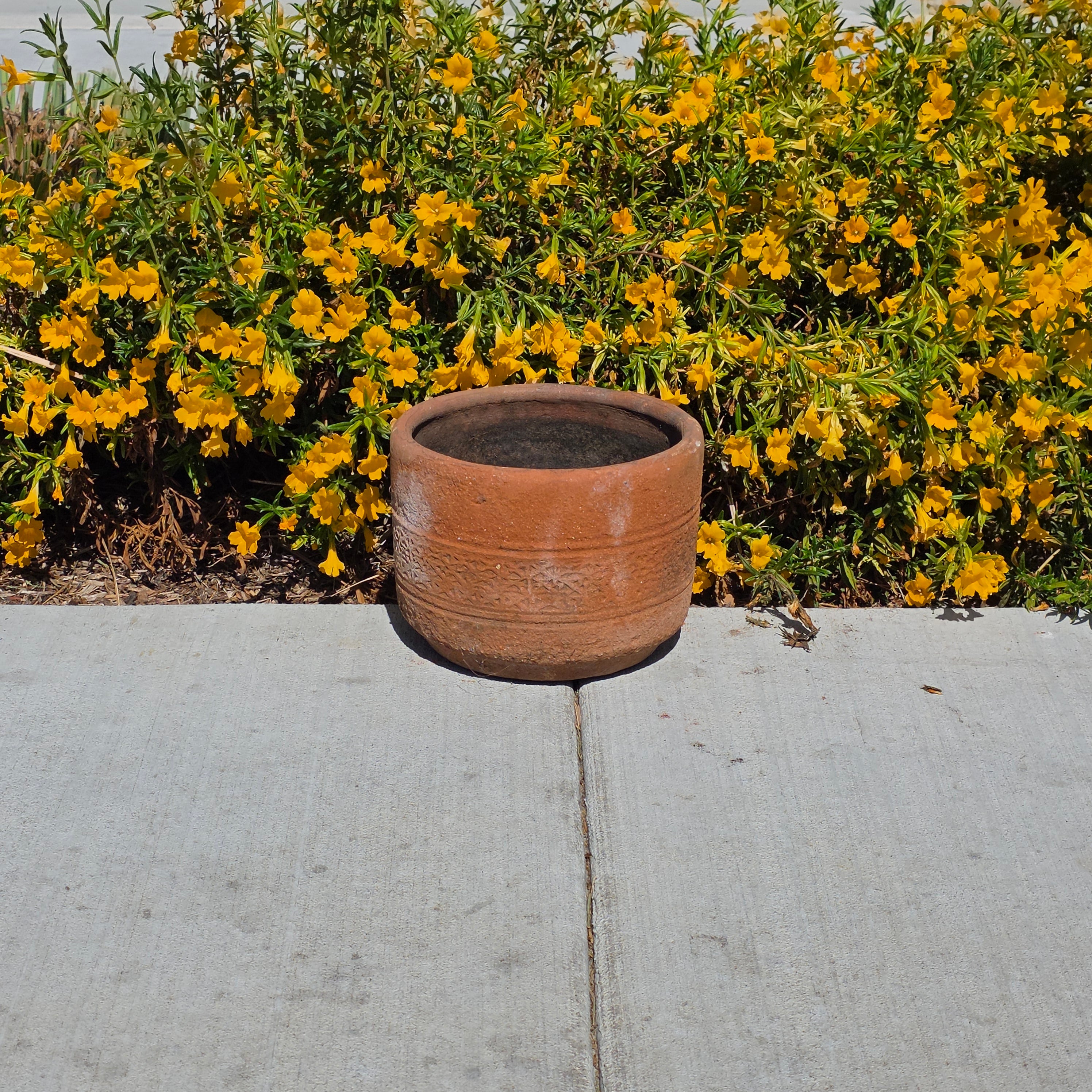 Vintage Terracotta Planter Pot Carved Geometric Heavy Clay Garden Cylinder 10"