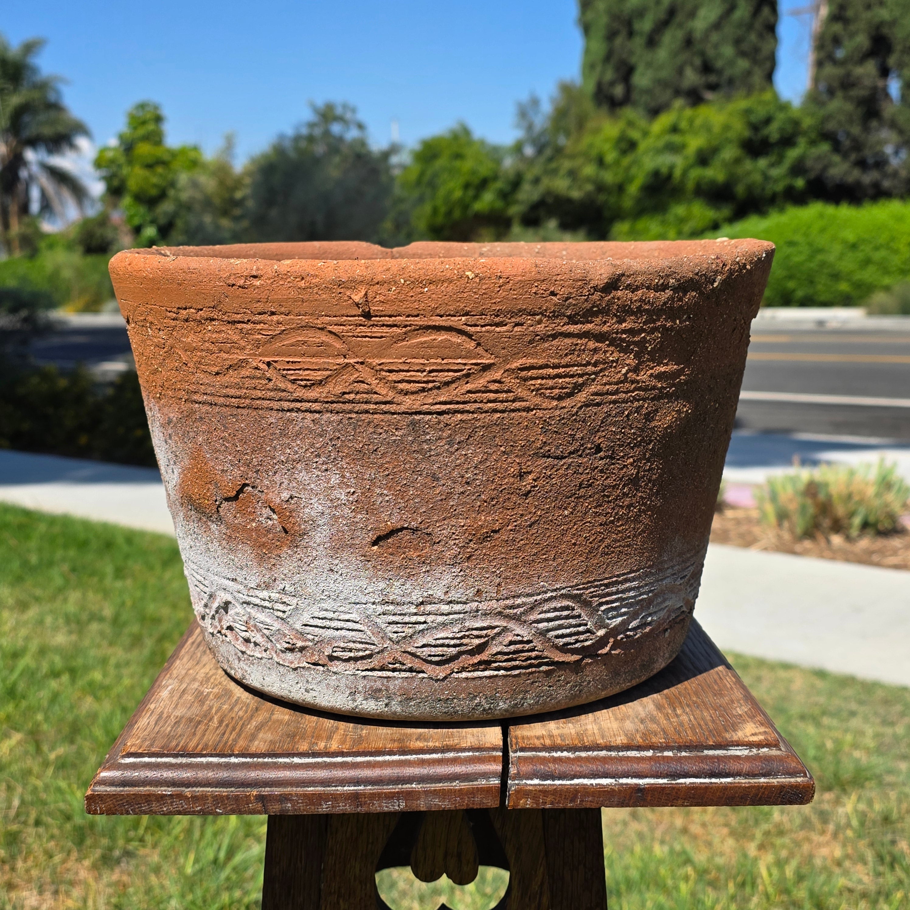 Vintage Terracotta Planter Pot Rustic Clay Carved Pattern Weathered Garden 12"