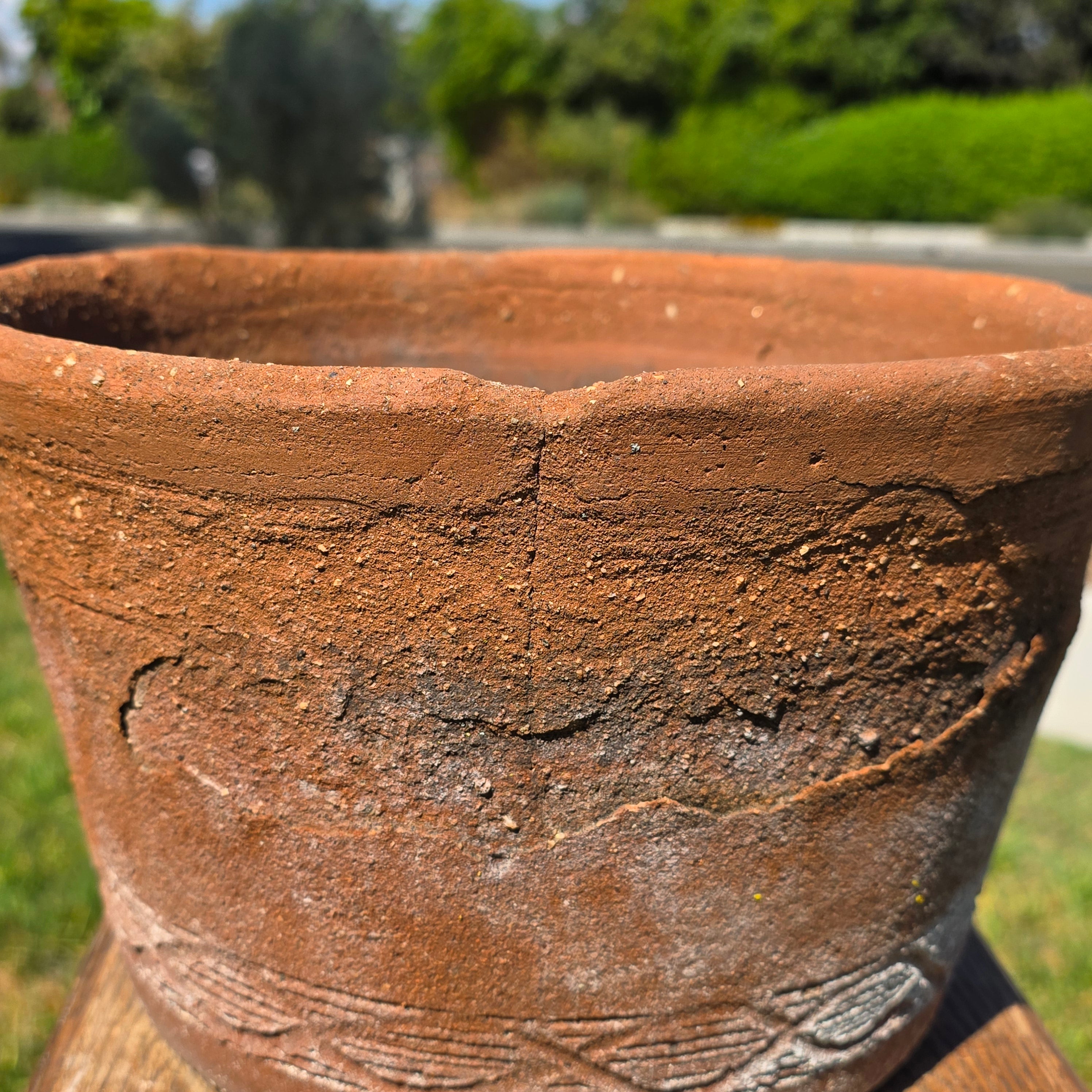 Vintage Terracotta Planter Pot Rustic Clay Carved Pattern Weathered Garden 12"