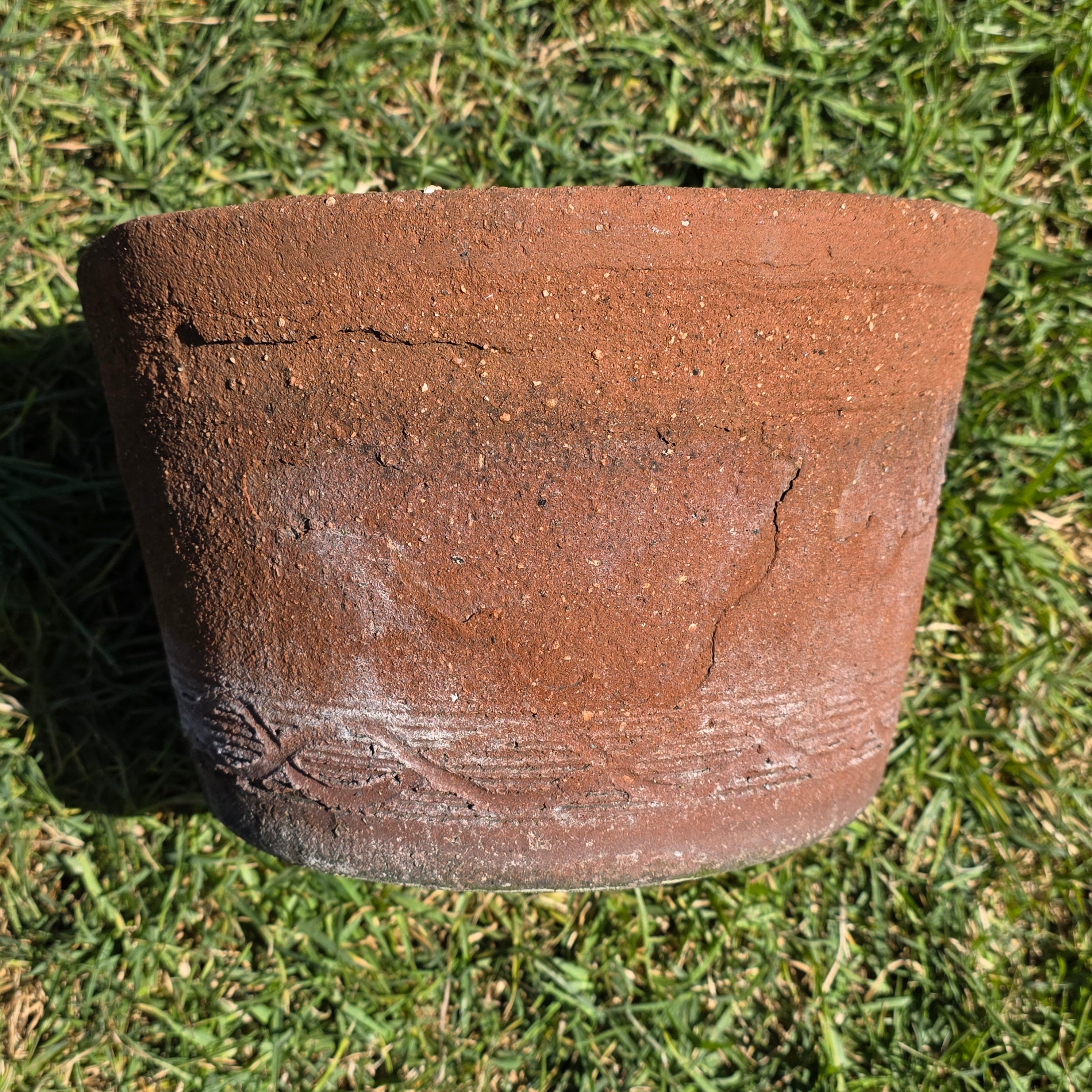 Vintage Terracotta Planter Pot Rustic Clay Carved Pattern Weathered Garden 12"