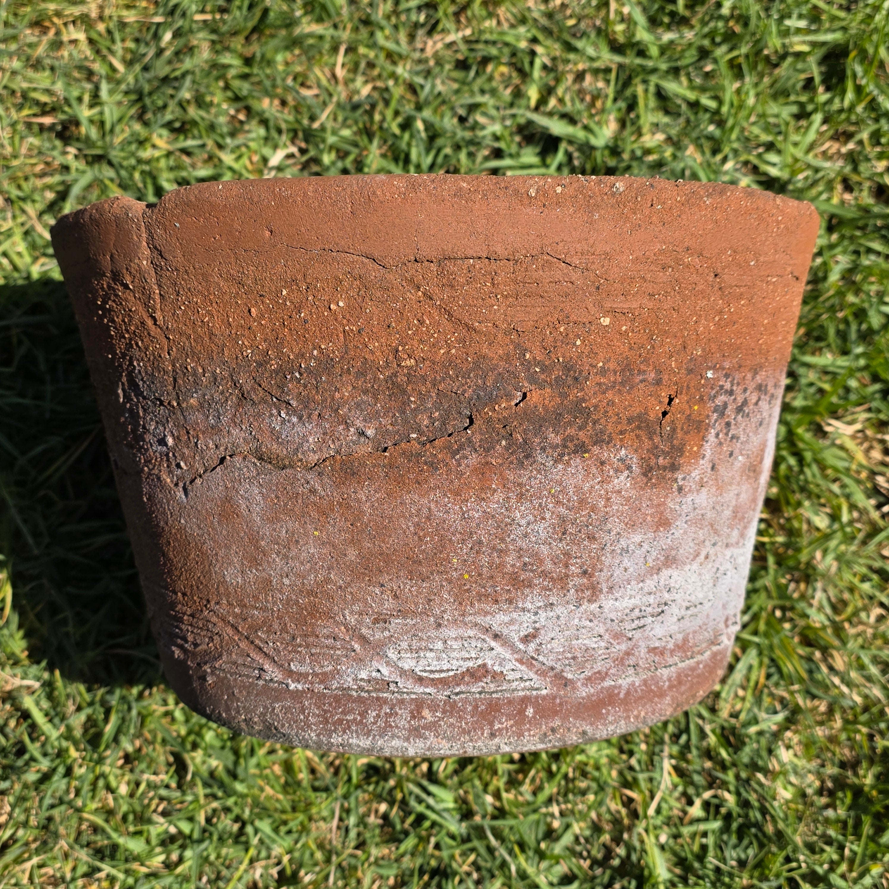 Vintage Terracotta Planter Pot Rustic Clay Carved Pattern Weathered Garden 12"
