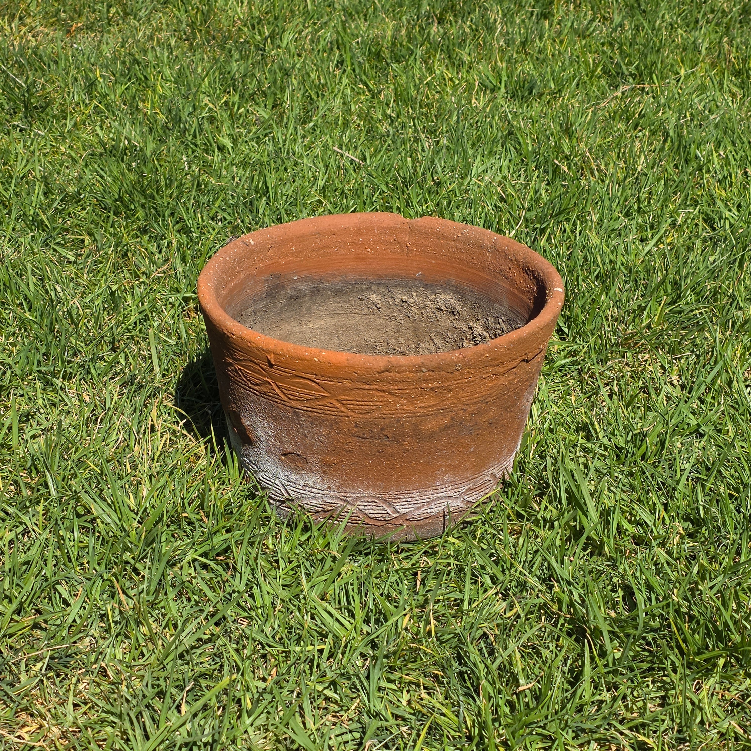 Vintage Terracotta Planter Pot Rustic Clay Carved Pattern Weathered Garden 12"
