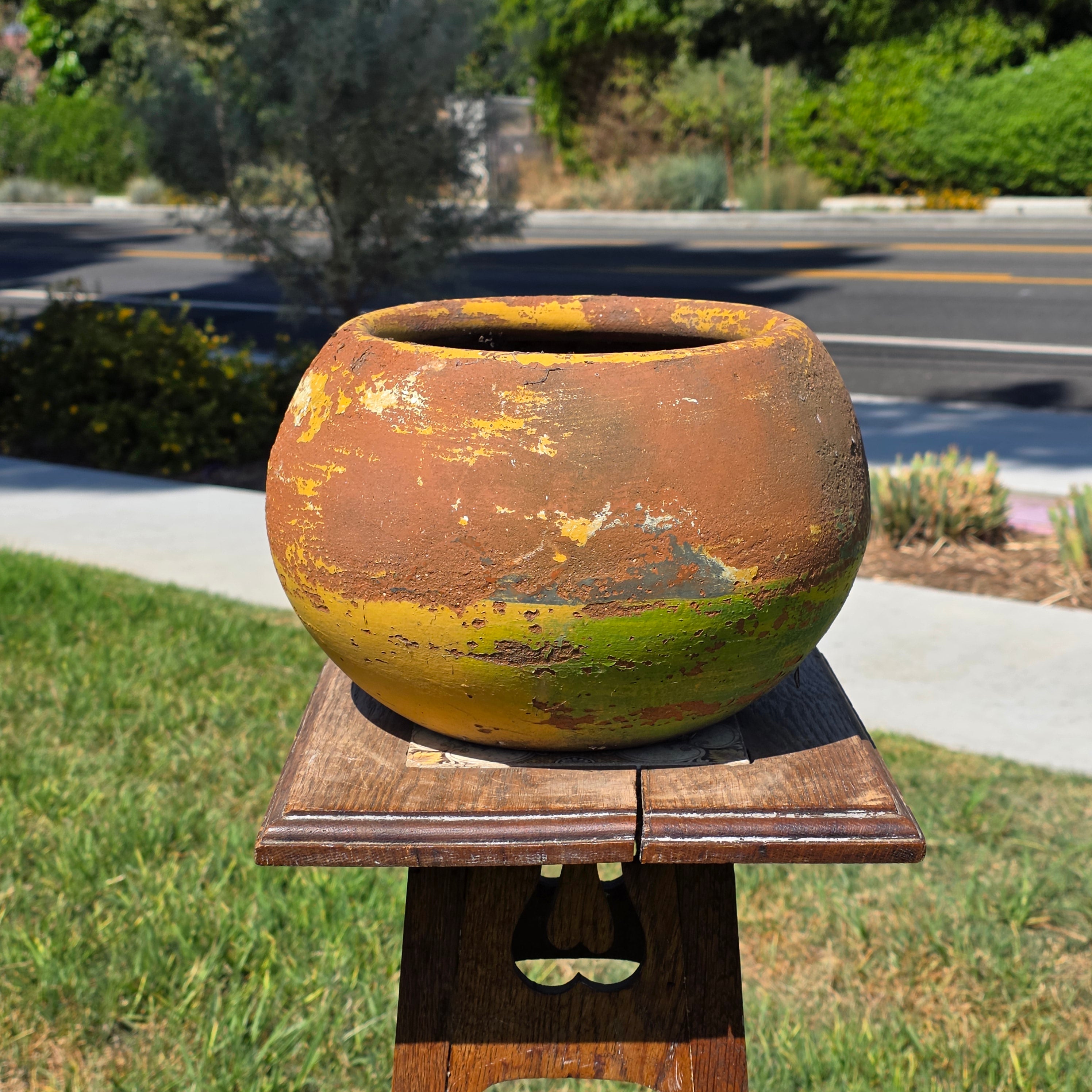 Share Vintage Mexican Terracotta Planter Pot Hand Painted Yellow Green Garden Clay 11"