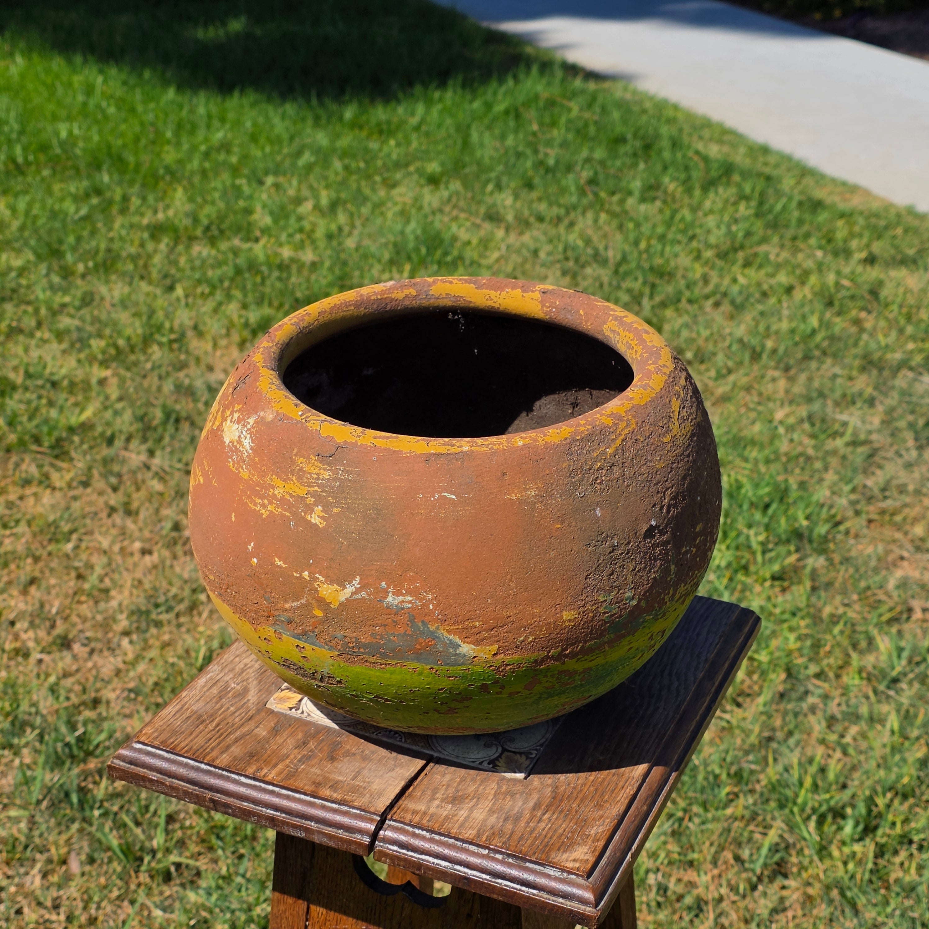 Share Vintage Mexican Terracotta Planter Pot Hand Painted Yellow Green Garden Clay 11"