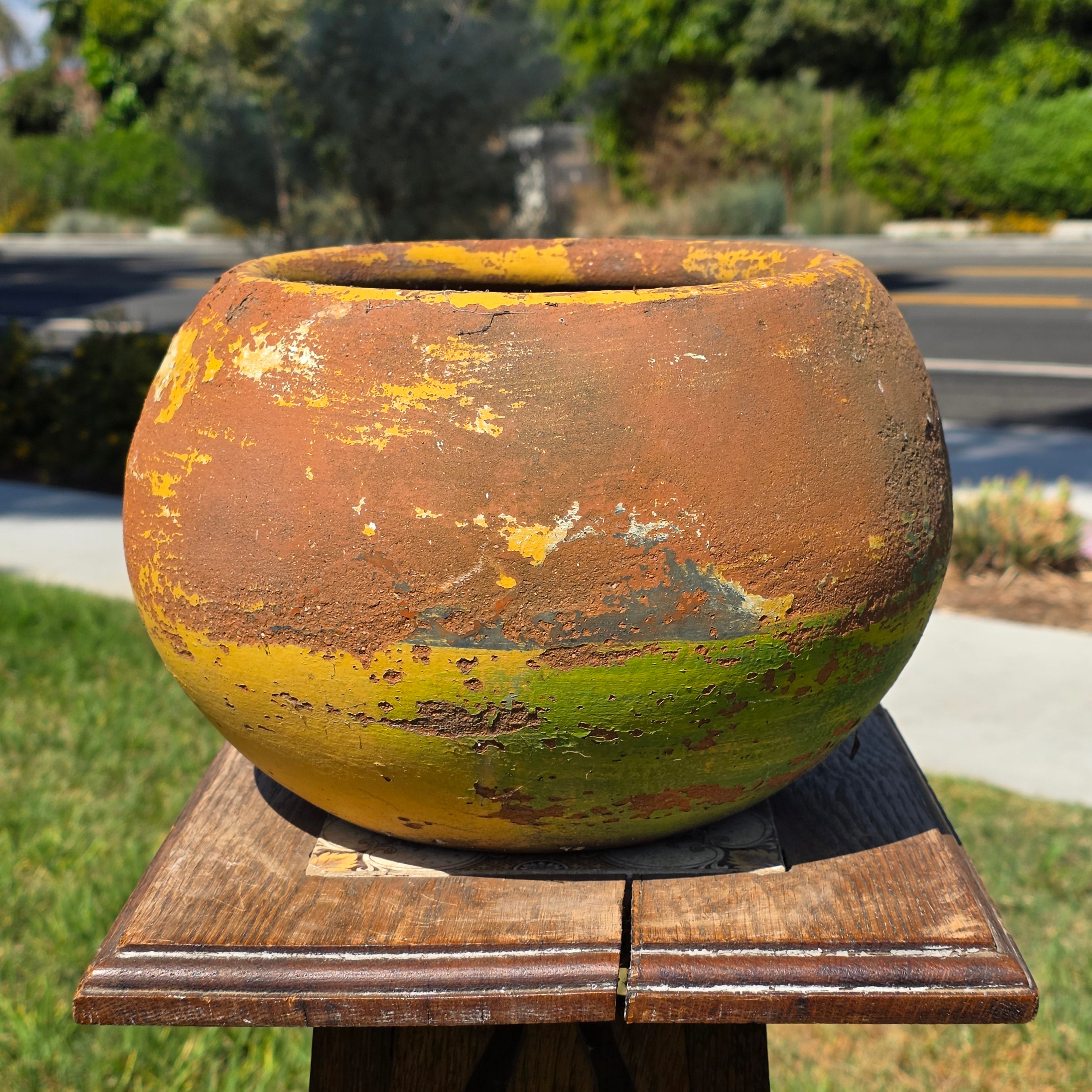 Share Vintage Mexican Terracotta Planter Pot Hand Painted Yellow Green Garden Clay 11"
