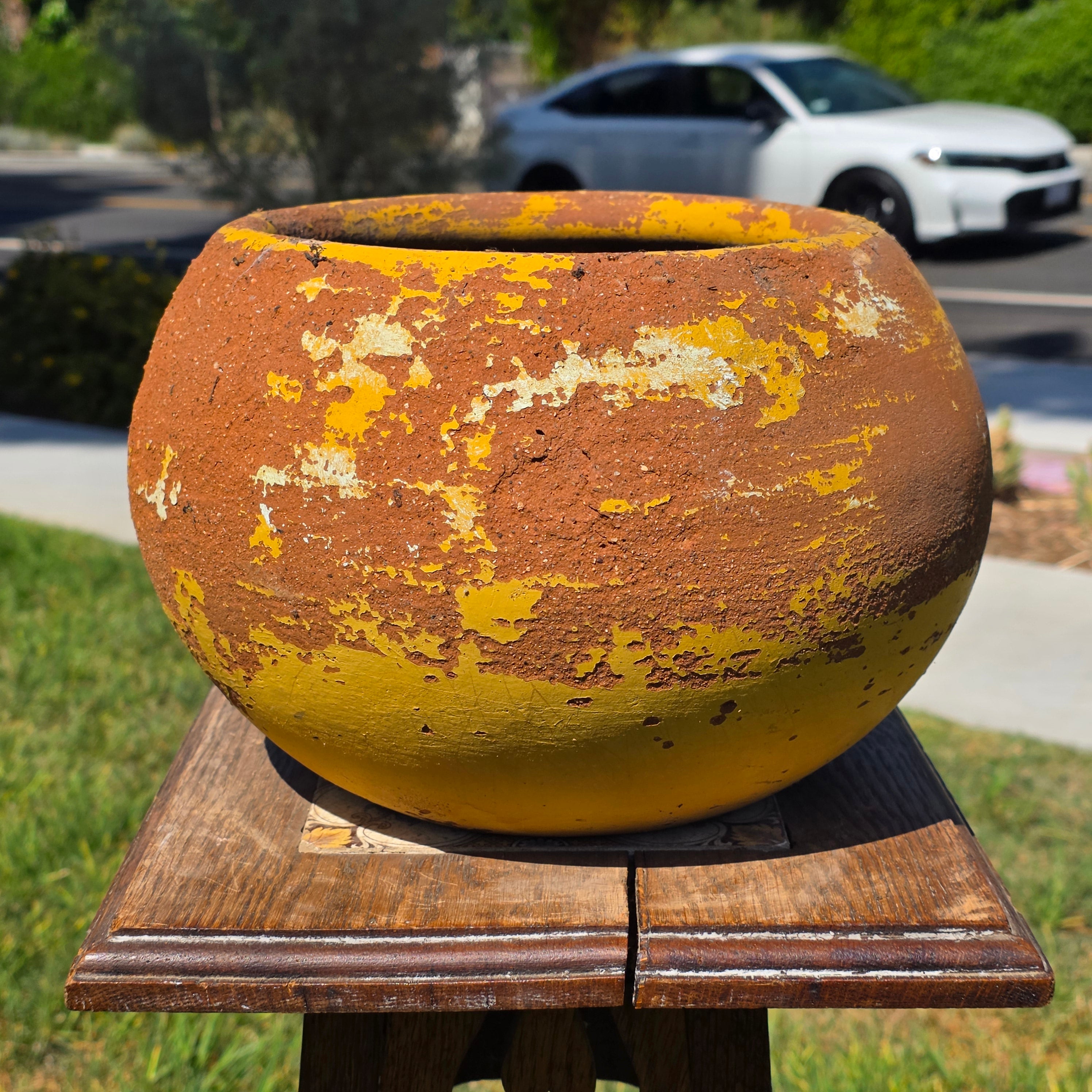 Share Vintage Mexican Terracotta Planter Pot Hand Painted Yellow Green Garden Clay 11"