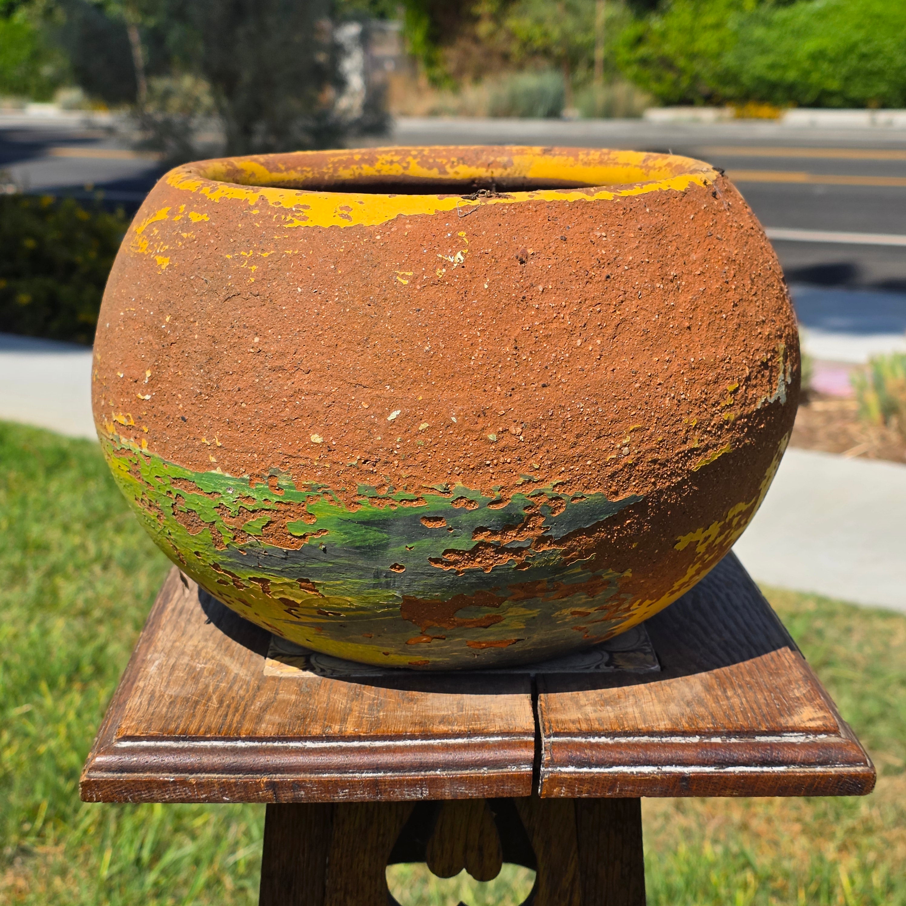 Share Vintage Mexican Terracotta Planter Pot Hand Painted Yellow Green Garden Clay 11"