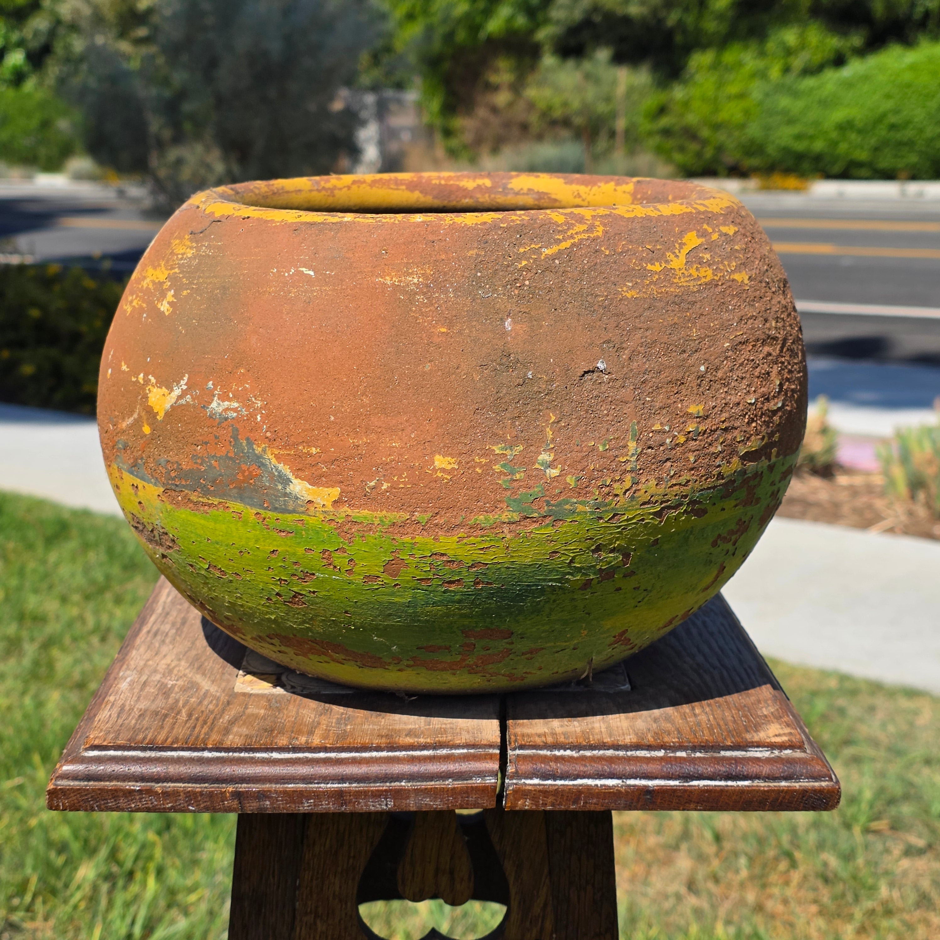 Share Vintage Mexican Terracotta Planter Pot Hand Painted Yellow Green Garden Clay 11"