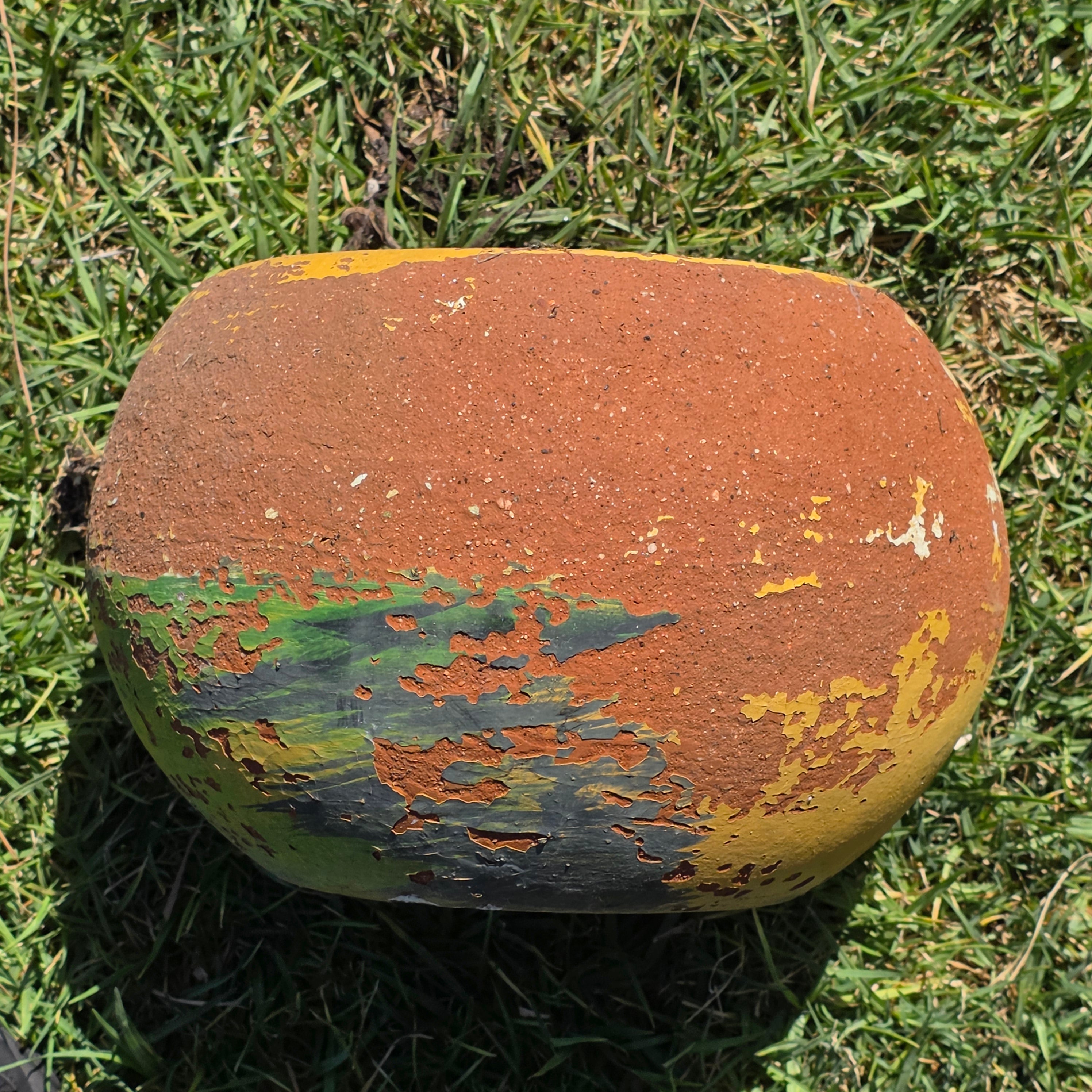 Share Vintage Mexican Terracotta Planter Pot Hand Painted Yellow Green Garden Clay 11"
