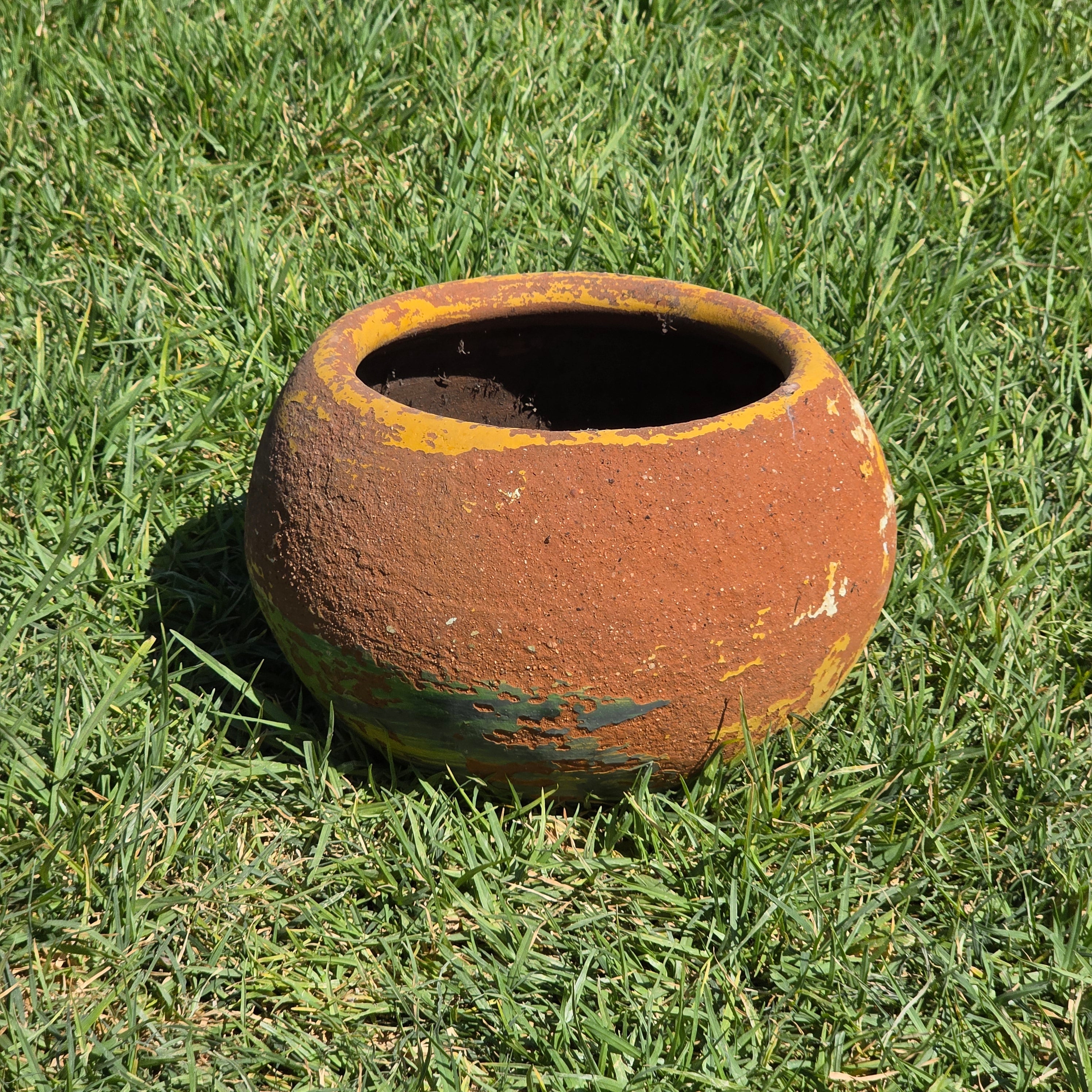 Share Vintage Mexican Terracotta Planter Pot Hand Painted Yellow Green Garden Clay 11"