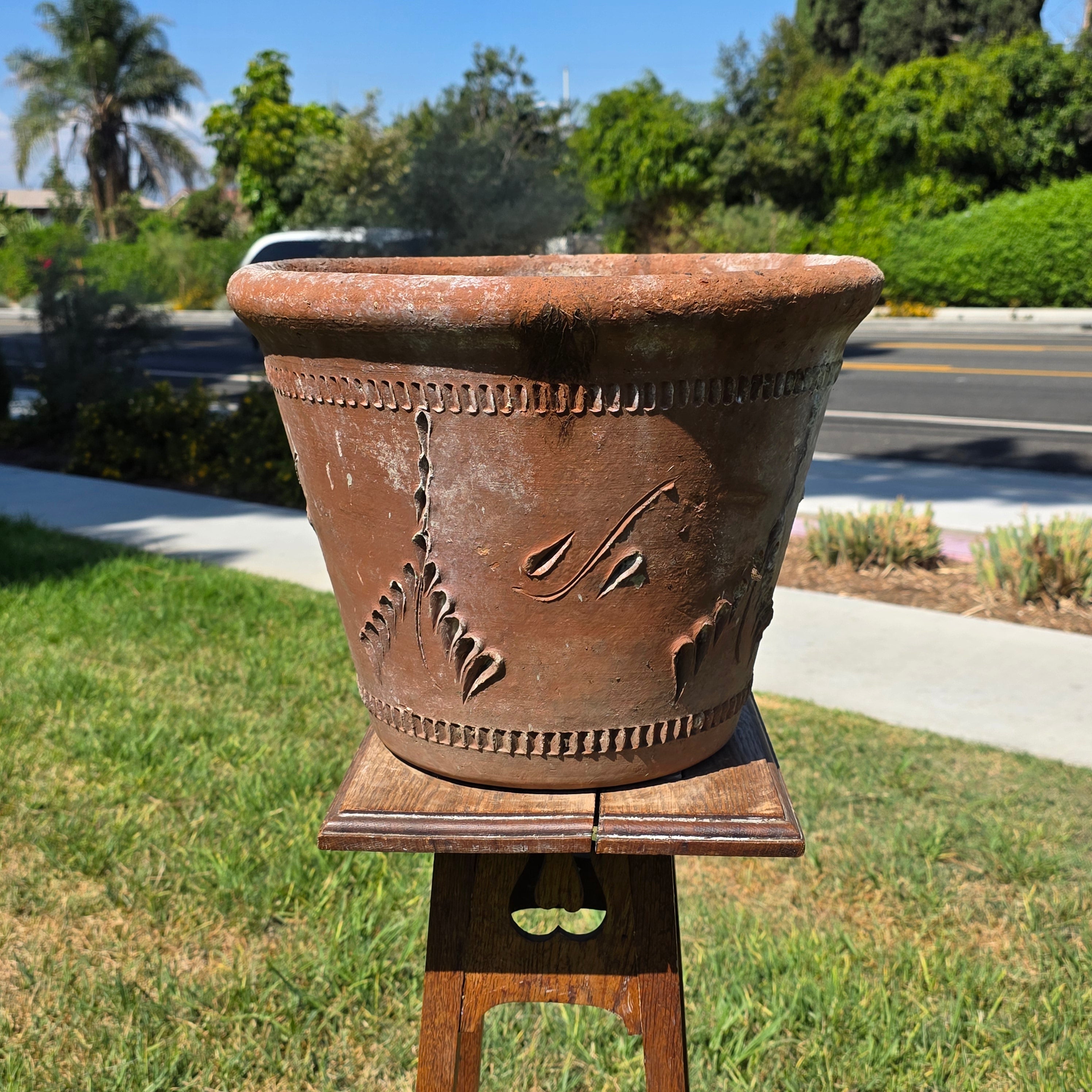 Share Vintage Large Terracotta Planter Pot Rustic Clay Floral Carved Weathered 16"