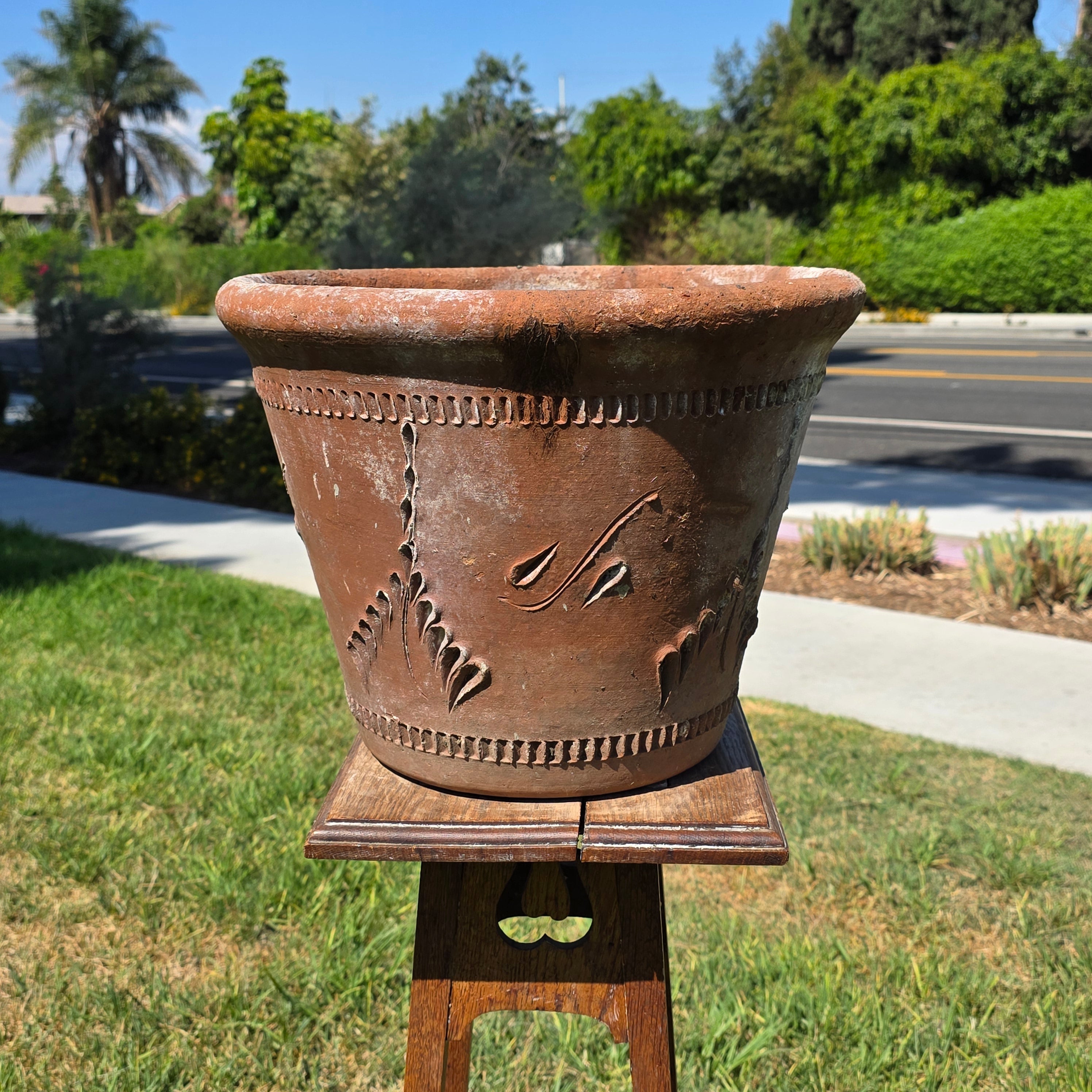 Share Vintage Large Terracotta Planter Pot Rustic Clay Floral Carved Weathered 16"