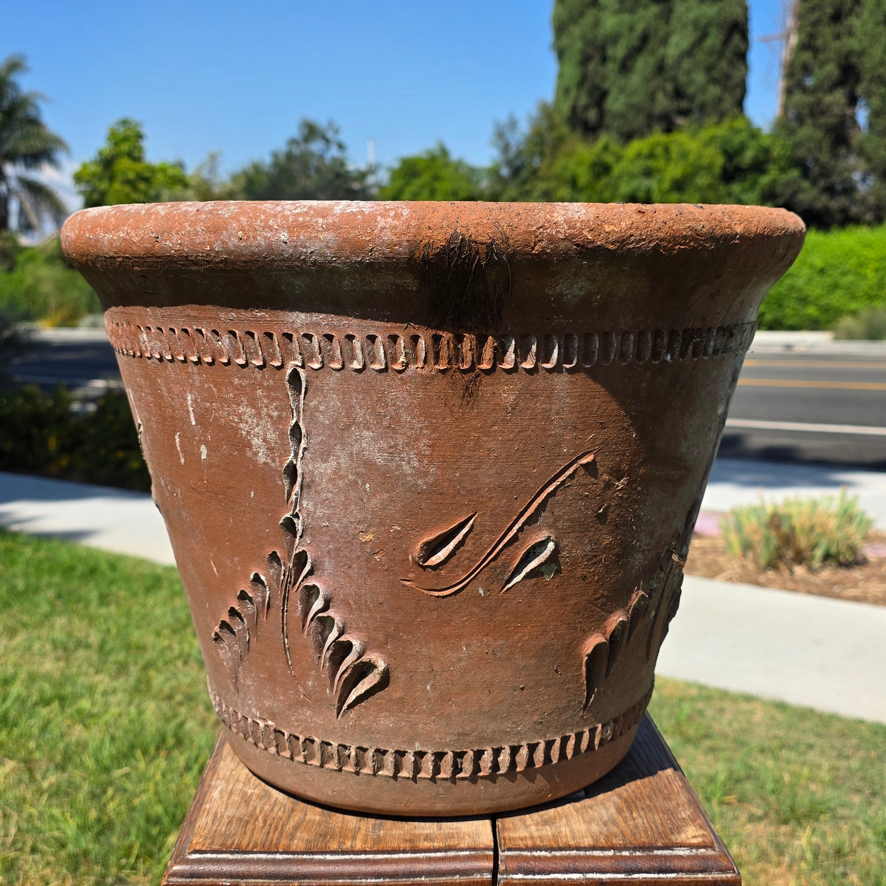 Share Vintage Large Terracotta Planter Pot Rustic Clay Floral Carved Weathered 16"