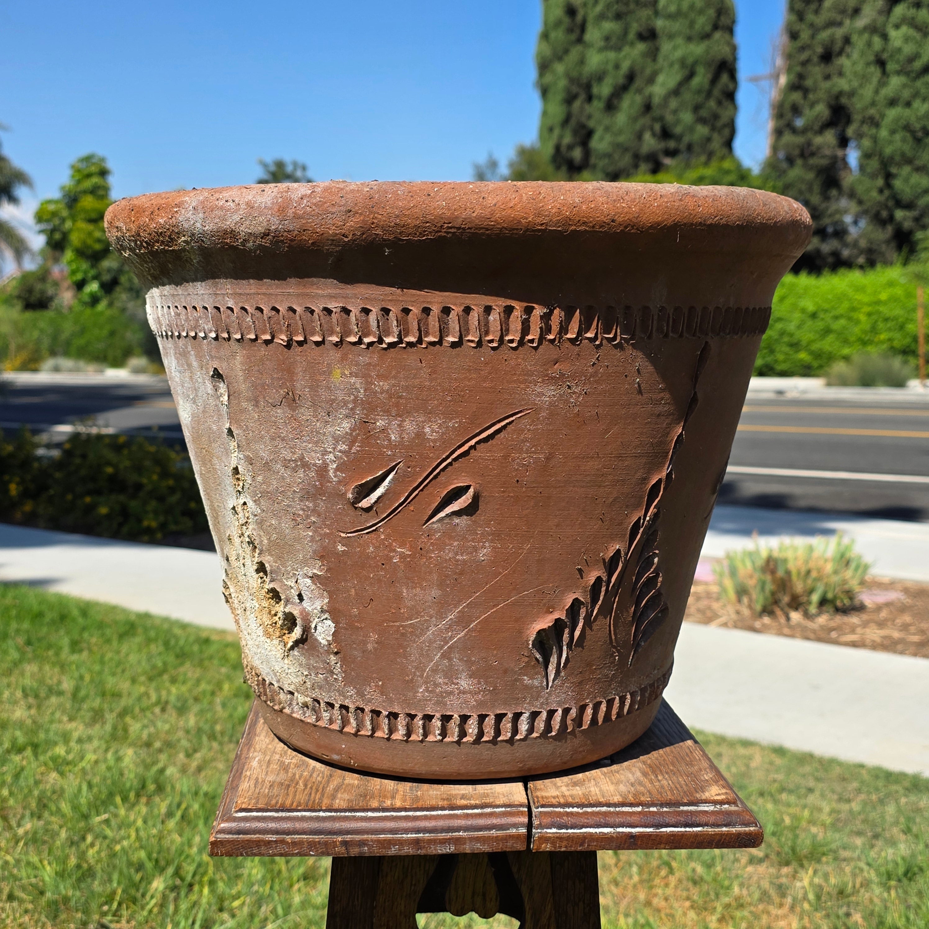 Share Vintage Large Terracotta Planter Pot Rustic Clay Floral Carved Weathered 16"
