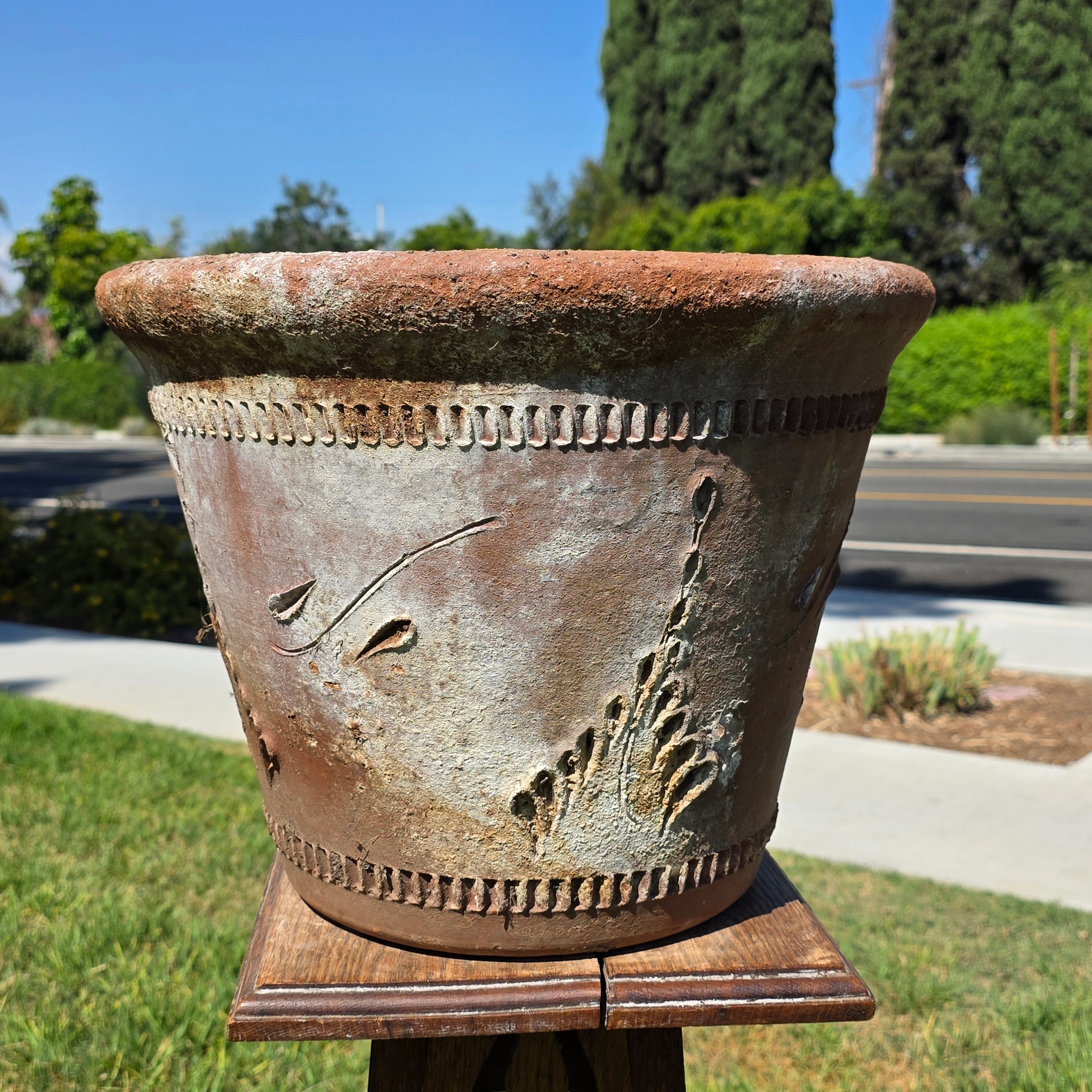 Share Vintage Large Terracotta Planter Pot Rustic Clay Floral Carved Weathered 16"