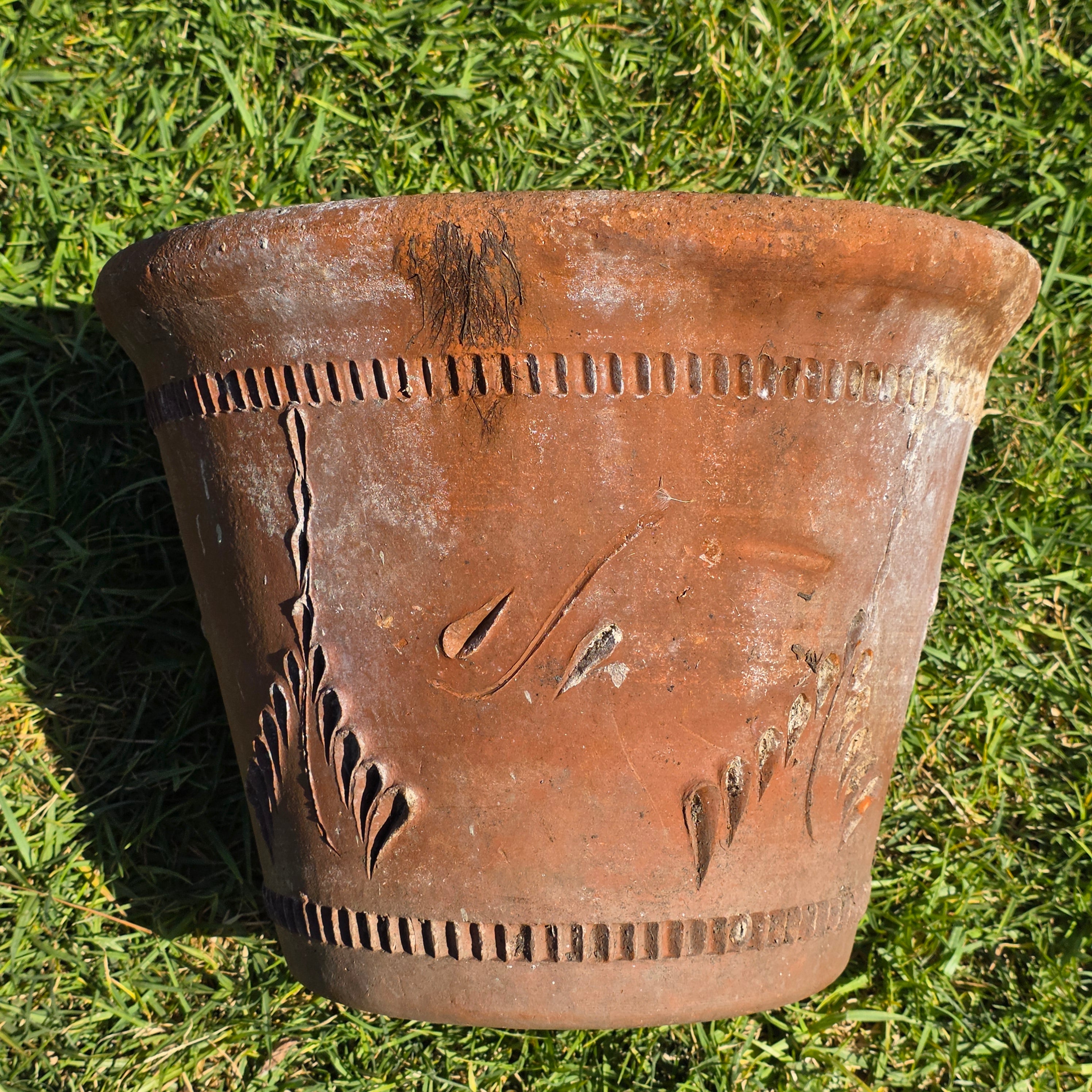 Share Vintage Large Terracotta Planter Pot Rustic Clay Floral Carved Weathered 16"