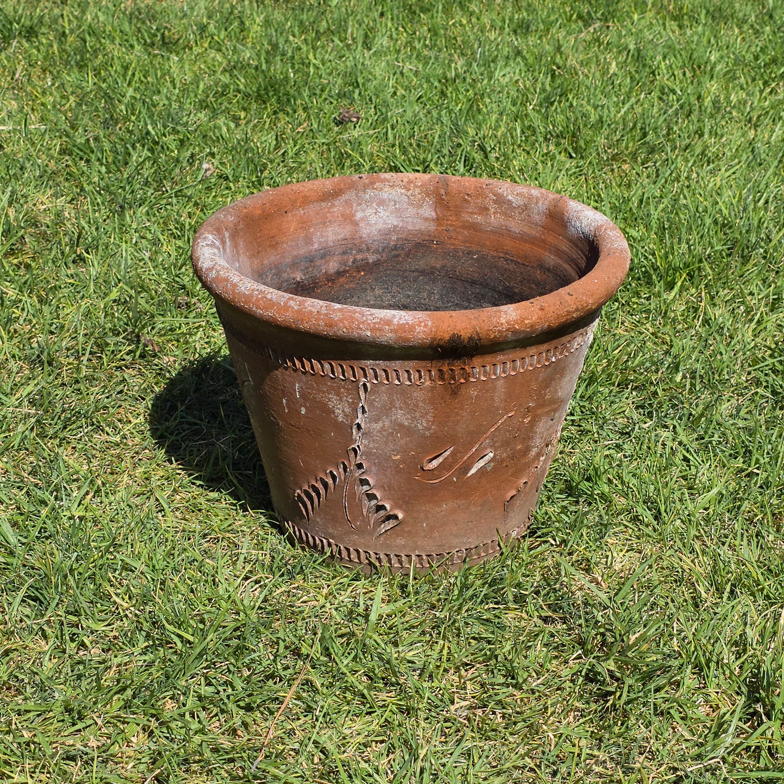 Share Vintage Large Terracotta Planter Pot Rustic Clay Floral Carved Weathered 16"