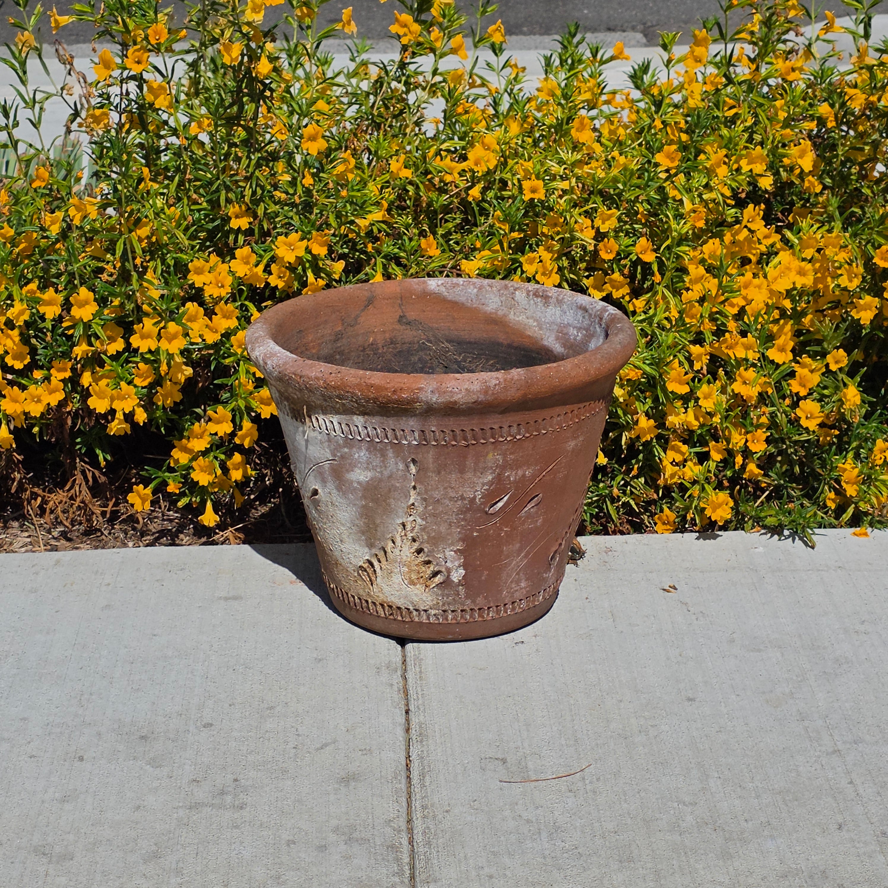 Share Vintage Large Terracotta Planter Pot Rustic Clay Floral Carved Weathered 16"