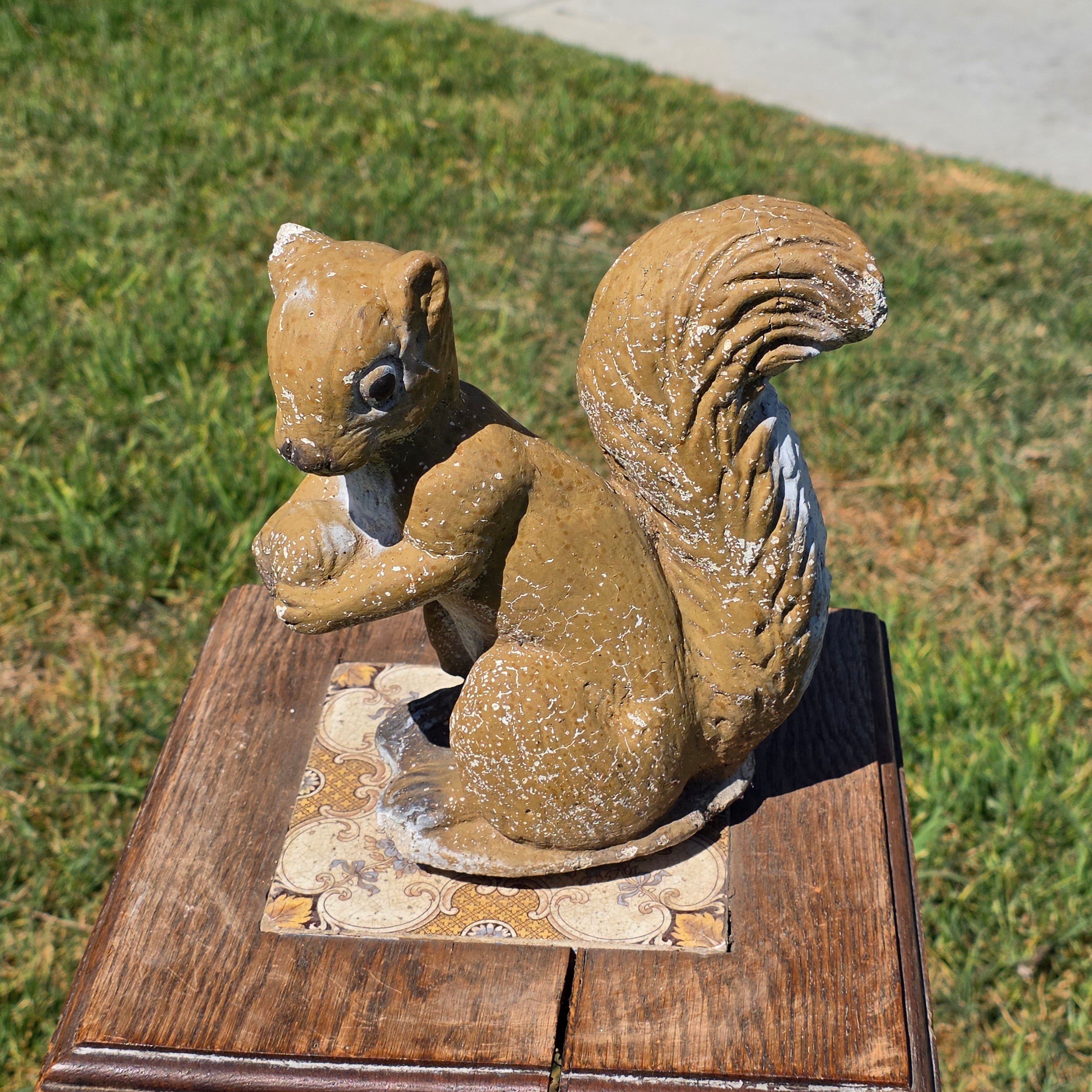 Vintage Concrete Squirrel Statue Cement Garden Ornament Walnut Nut Woodland Yard
