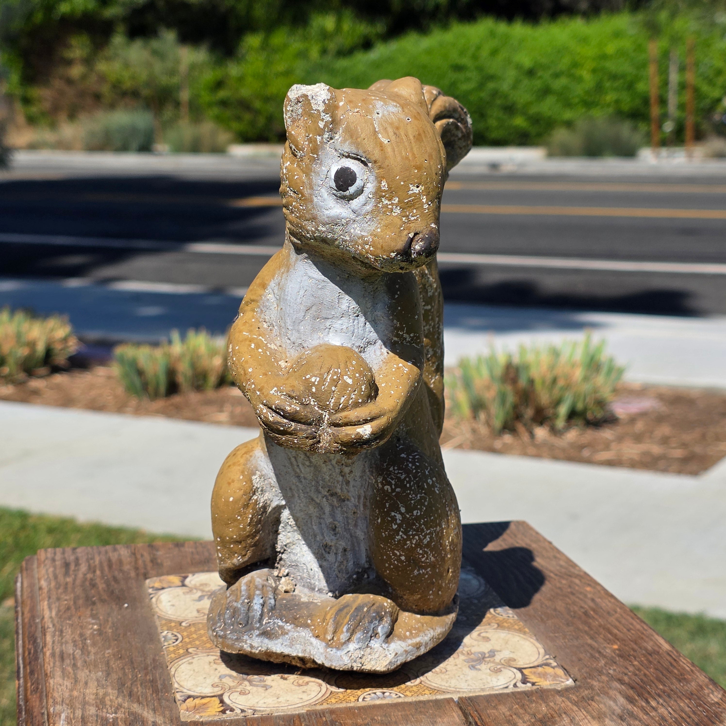 Vintage Concrete Squirrel Statue Cement Garden Ornament Walnut Nut Woodland Yard