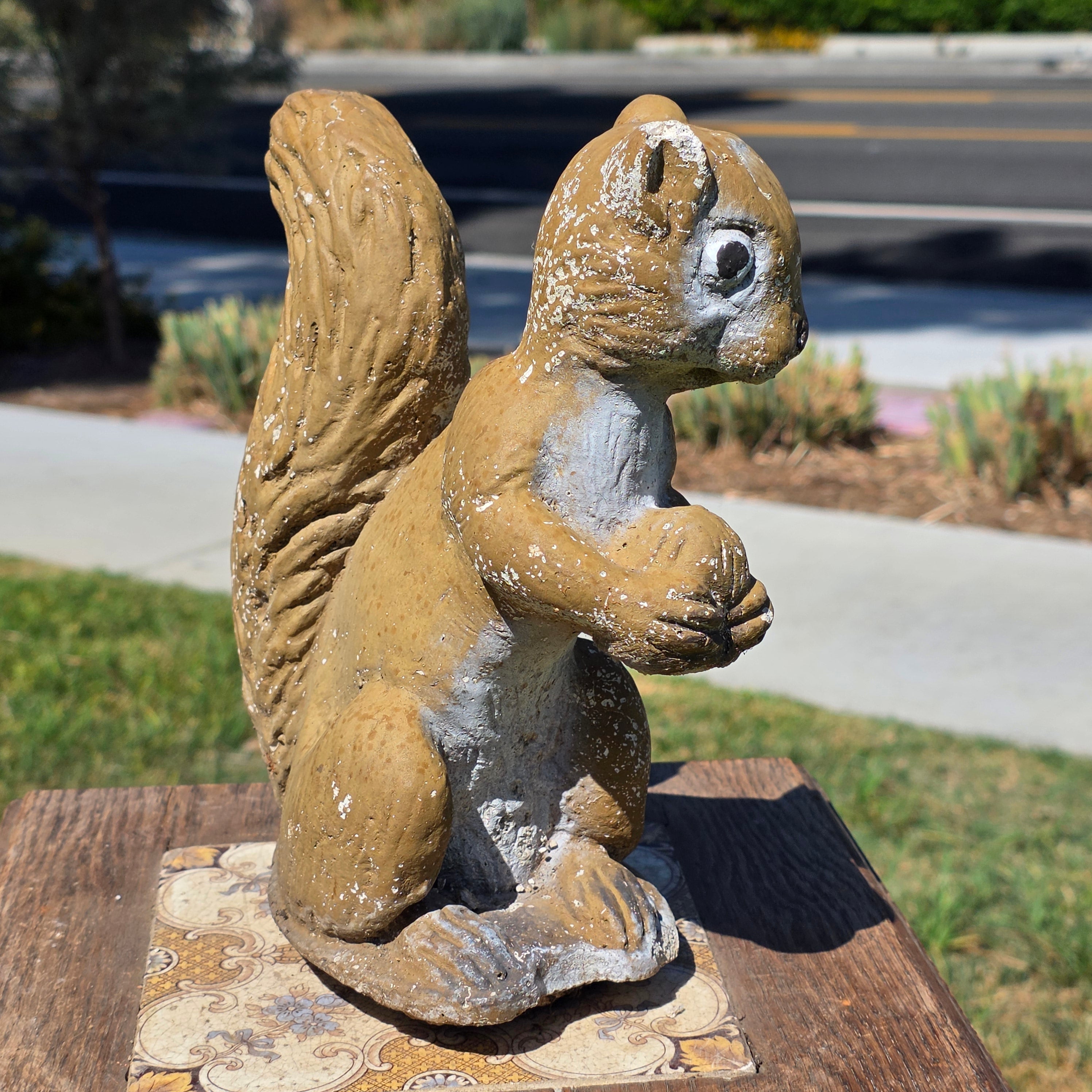 Vintage Concrete Squirrel Statue Cement Garden Ornament Walnut Nut Woodland Yard