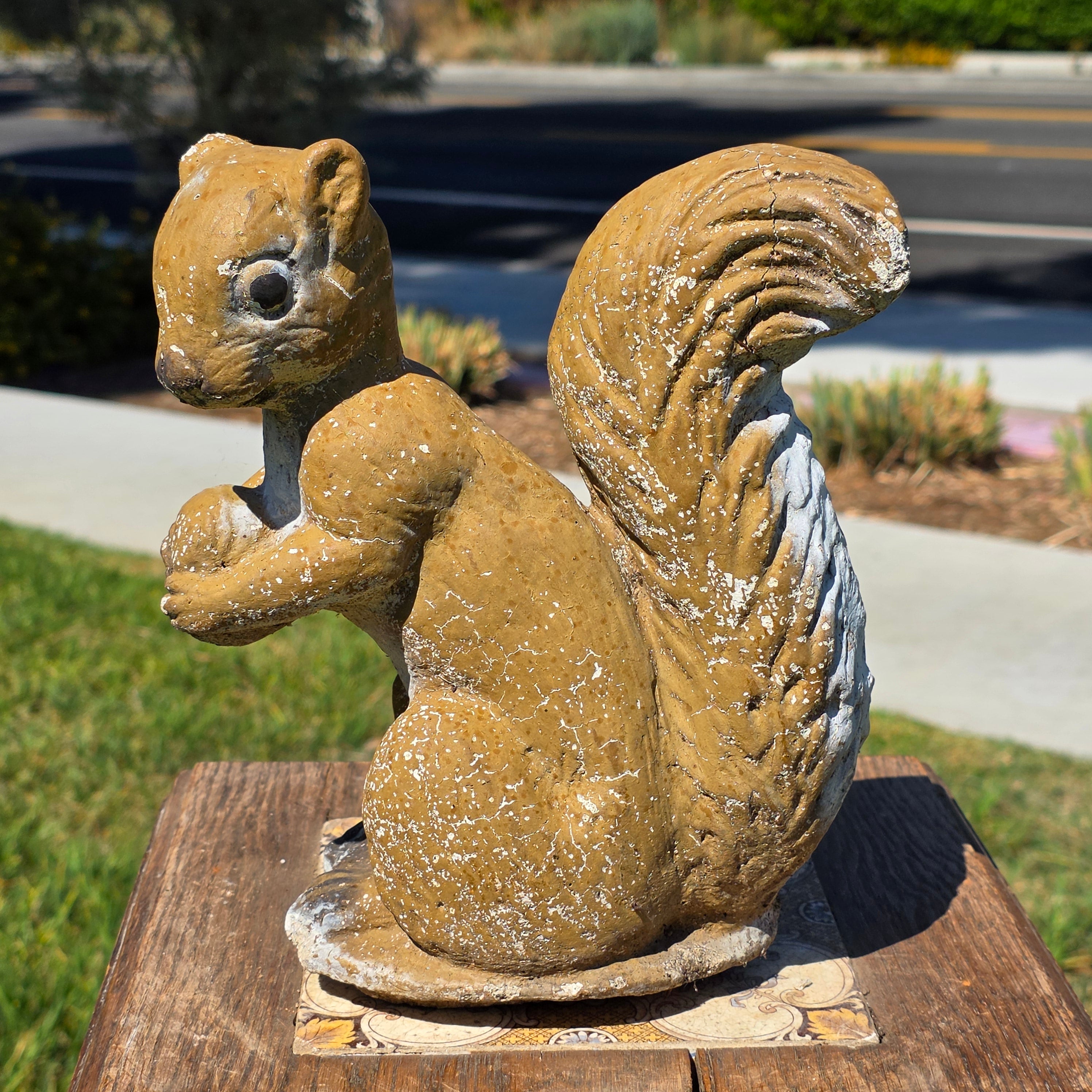 Vintage Concrete Squirrel Statue Cement Garden Ornament Walnut Nut Woodland Yard