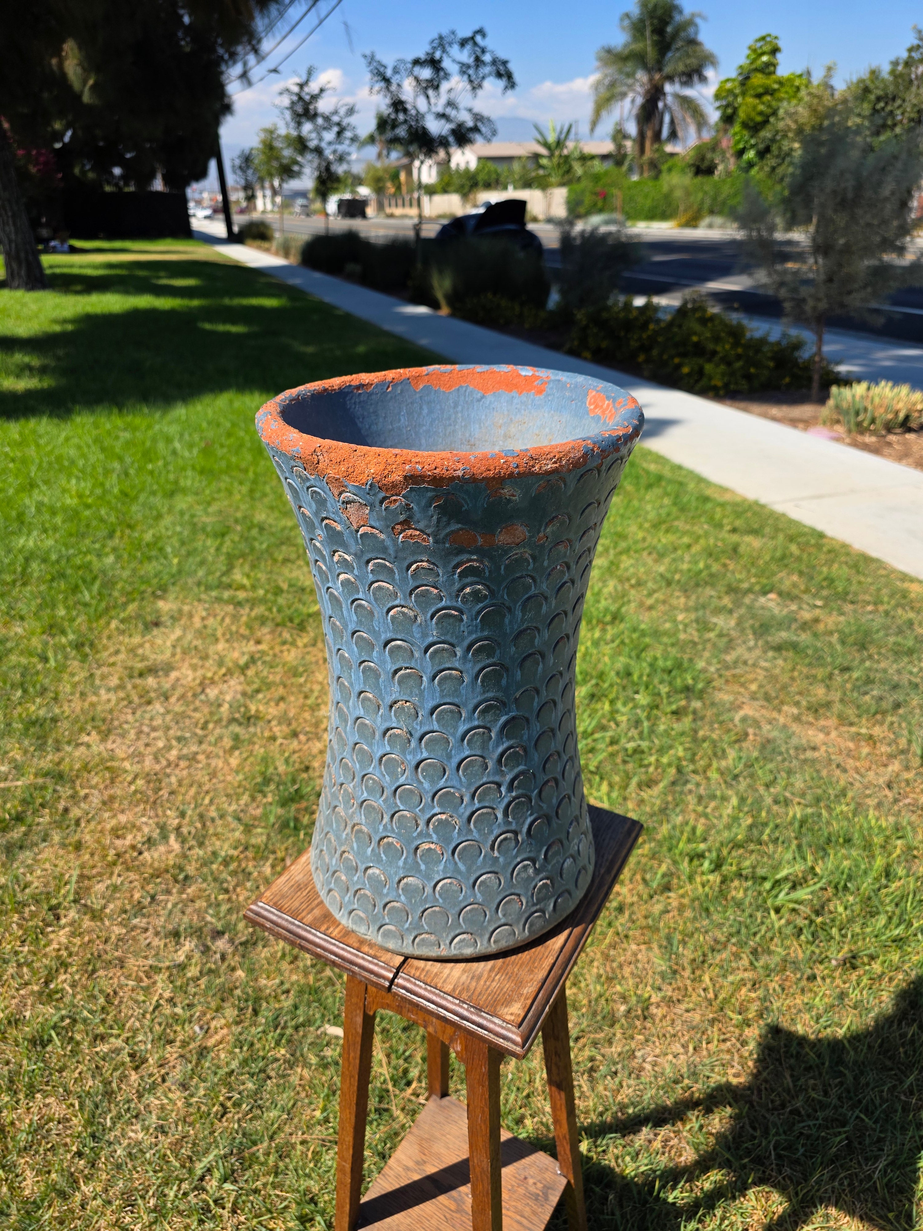 Vintage Mid Century Terracotta Planter Urn Blue Scaled Garden Pot 17"