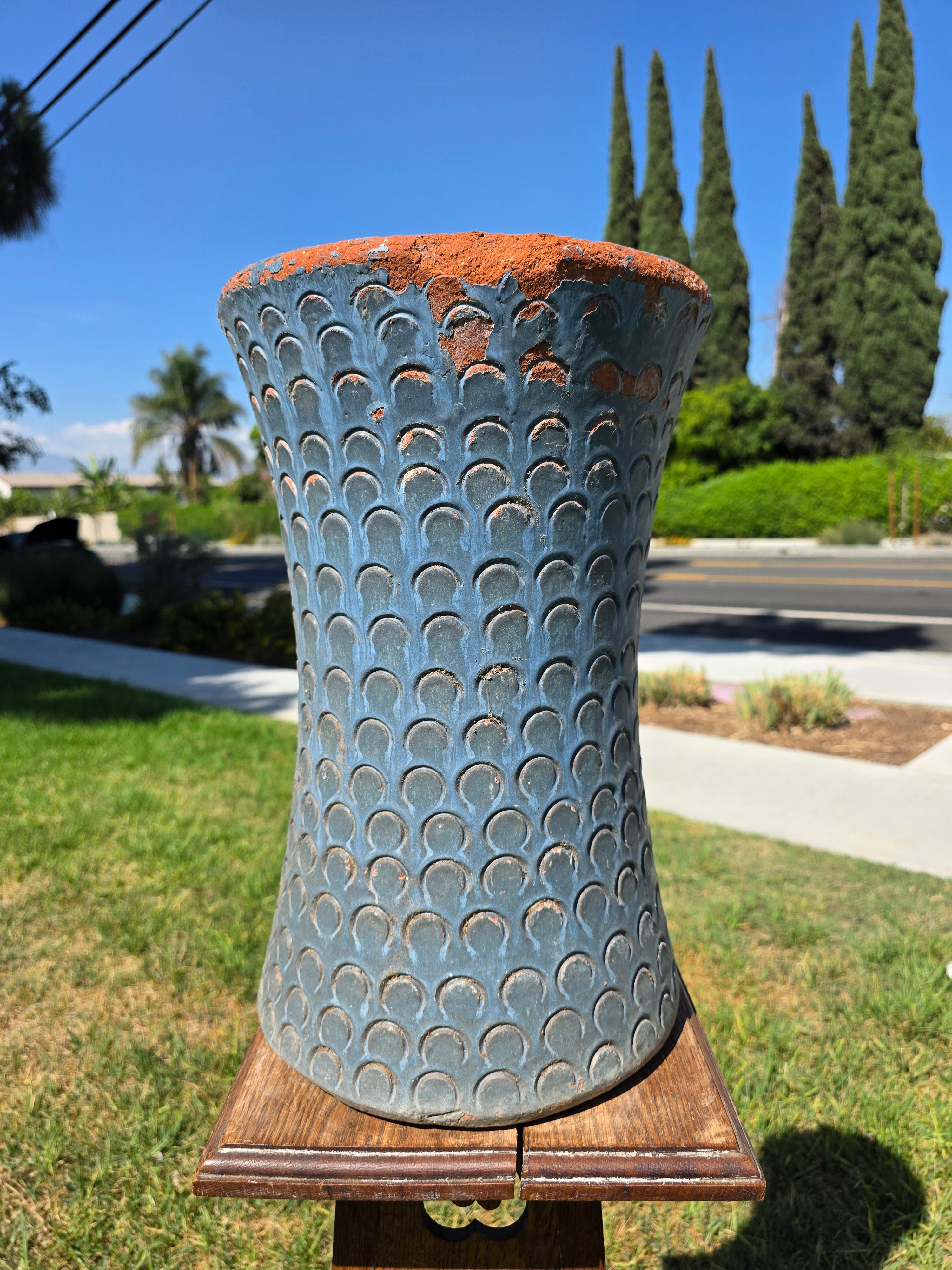 Vintage Mid Century Terracotta Planter Urn Blue Scaled Garden Pot 17"