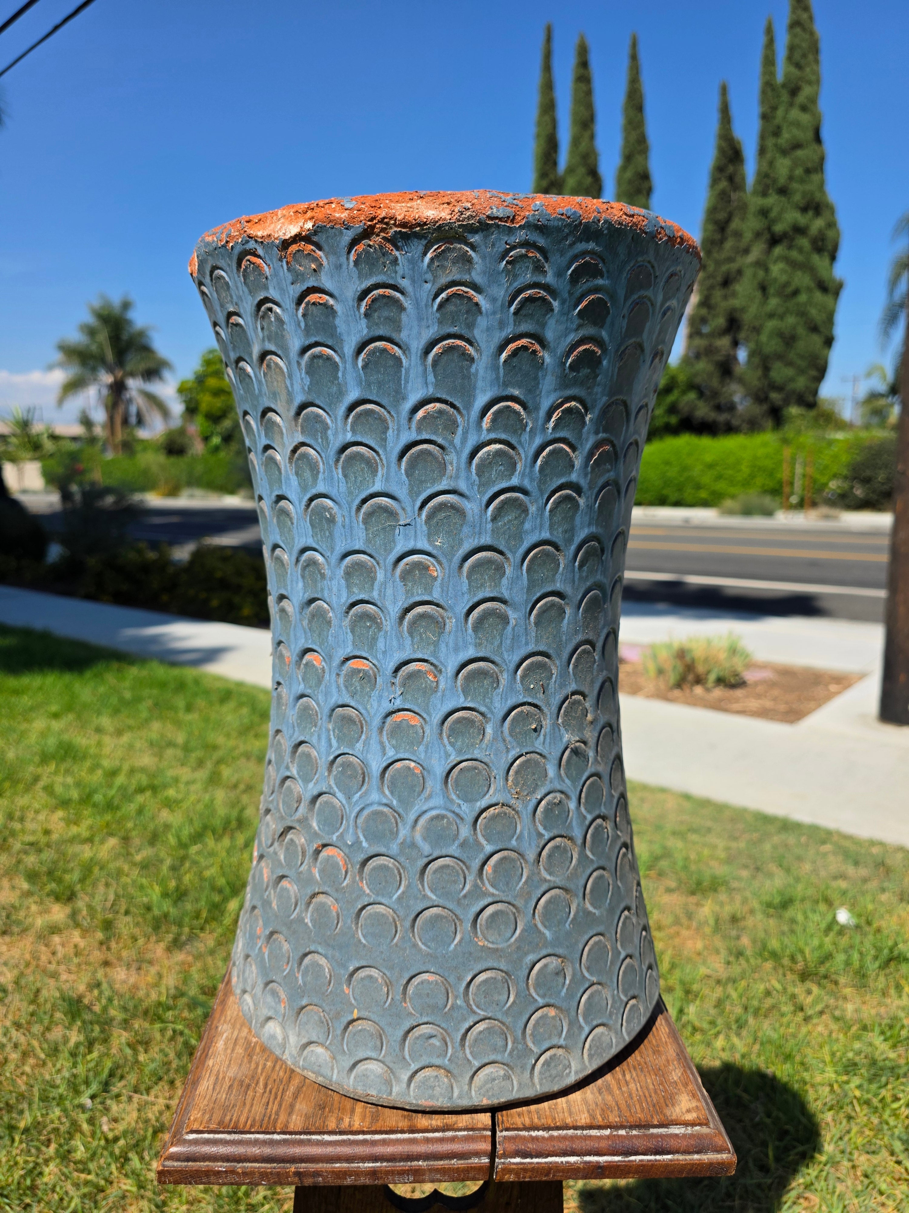 Vintage Mid Century Terracotta Planter Urn Blue Scaled Garden Pot 17"